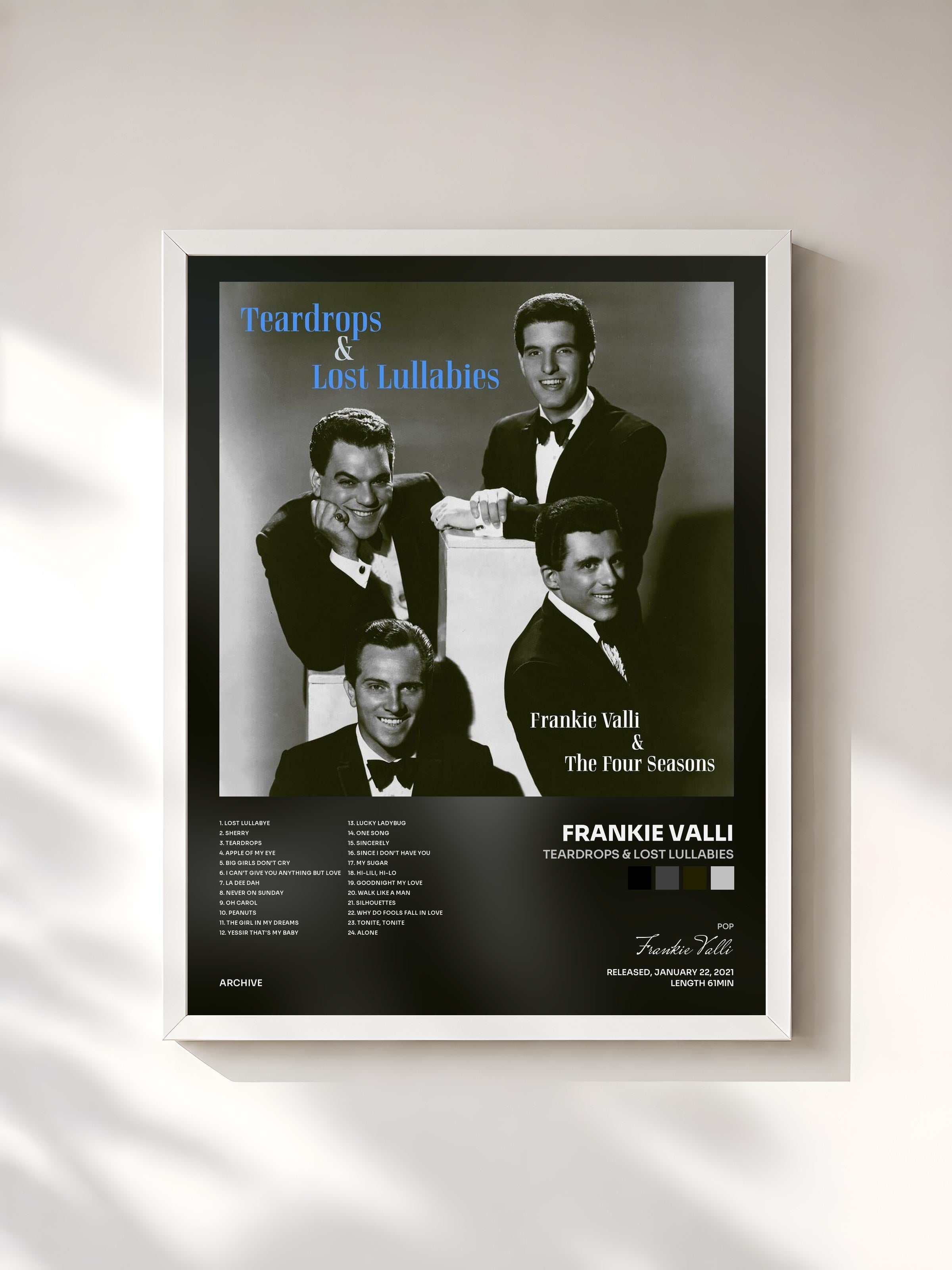 #blanc Tableau de l'album Teardrops & Lost Lullabies de Frankie Valli, cadre blanc, imprimé et encadré en France