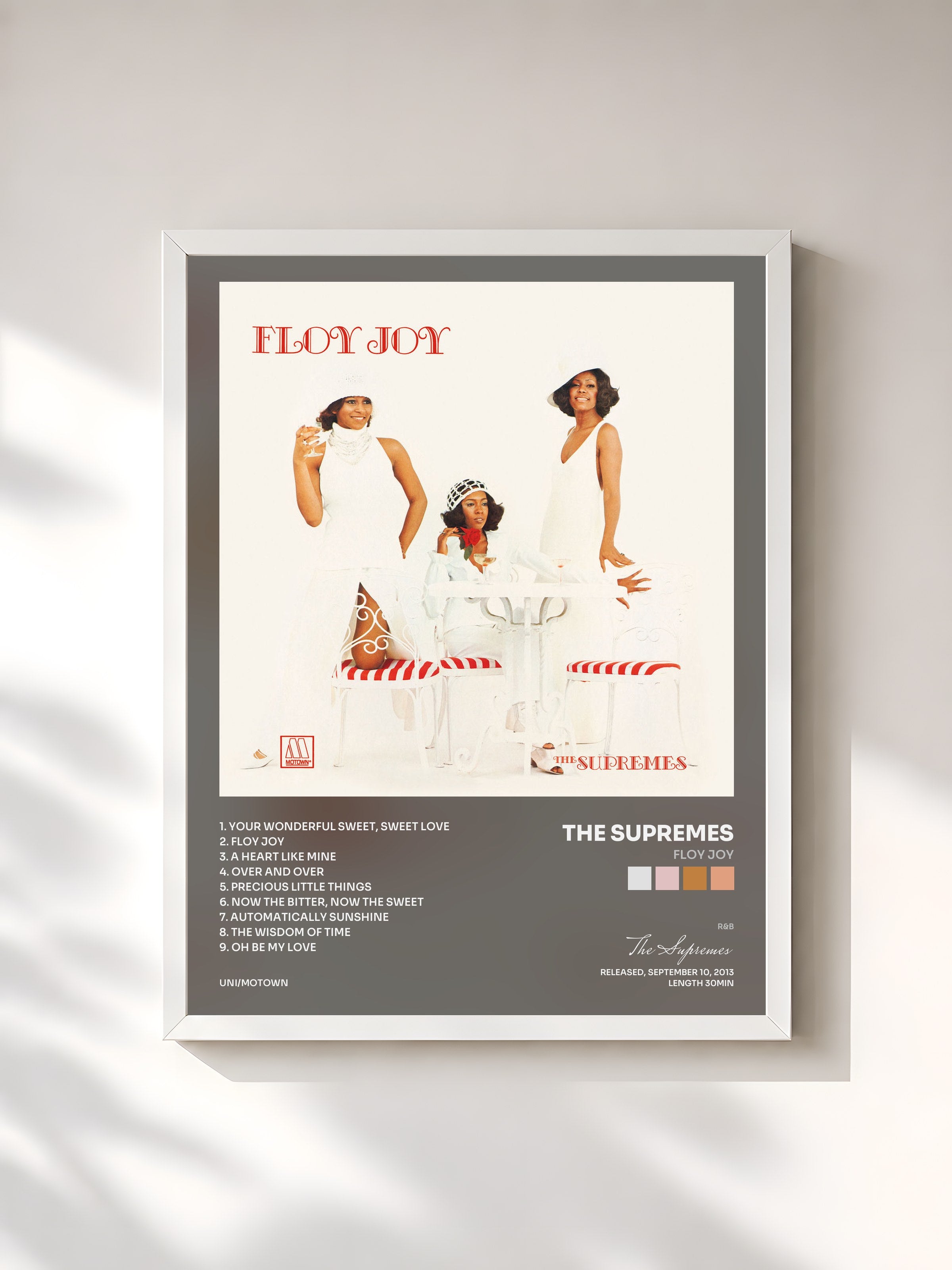 #blanc Tableau de l'album Floy Joy de The Supremes, cadre blanc, imprimé et encadré en France