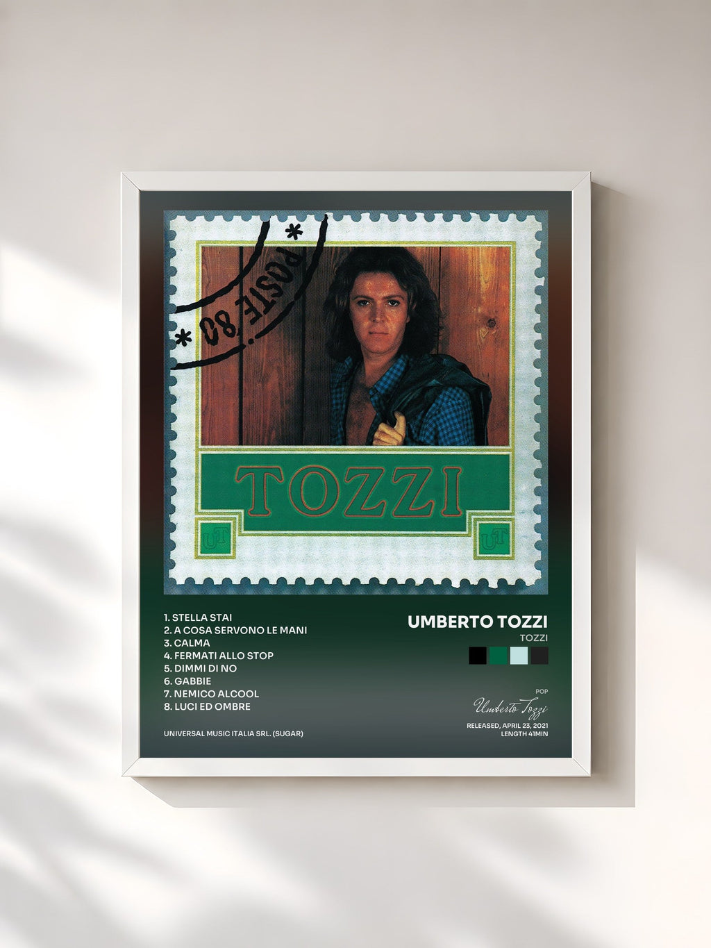 #blanc Tableau de l'album Tozzi de Umberto Tozzi, cadre blanc, imprimé et encadré en France