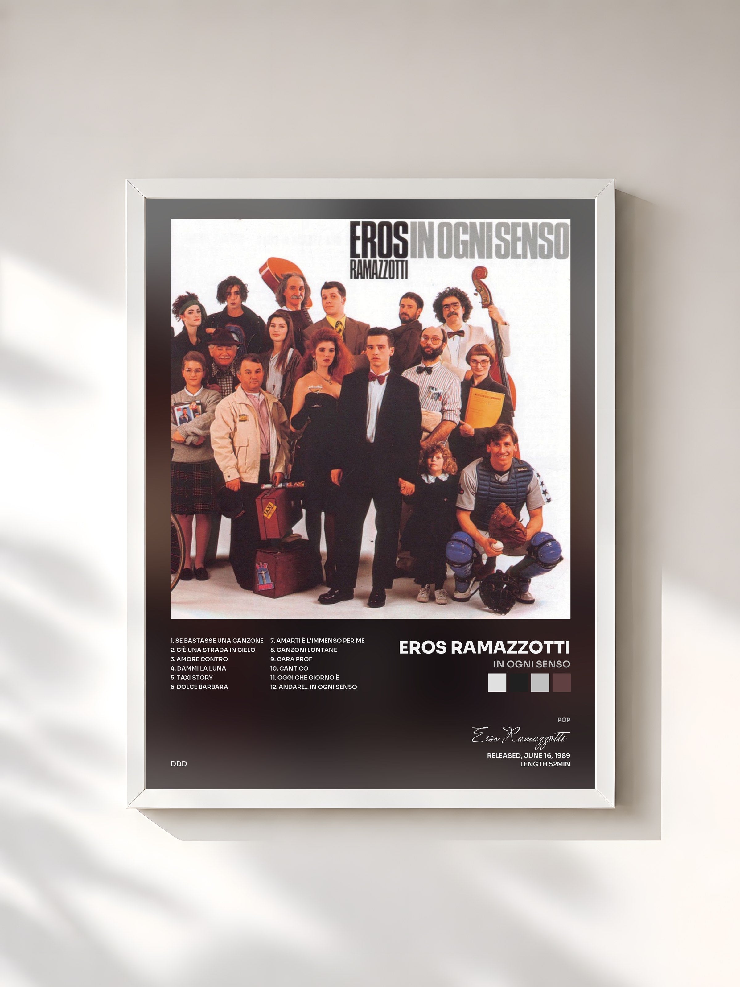 #blanc Tableau de l'album In Ogni Senso de Eros Ramazzotti, cadre blanc, imprimé et encadré en France