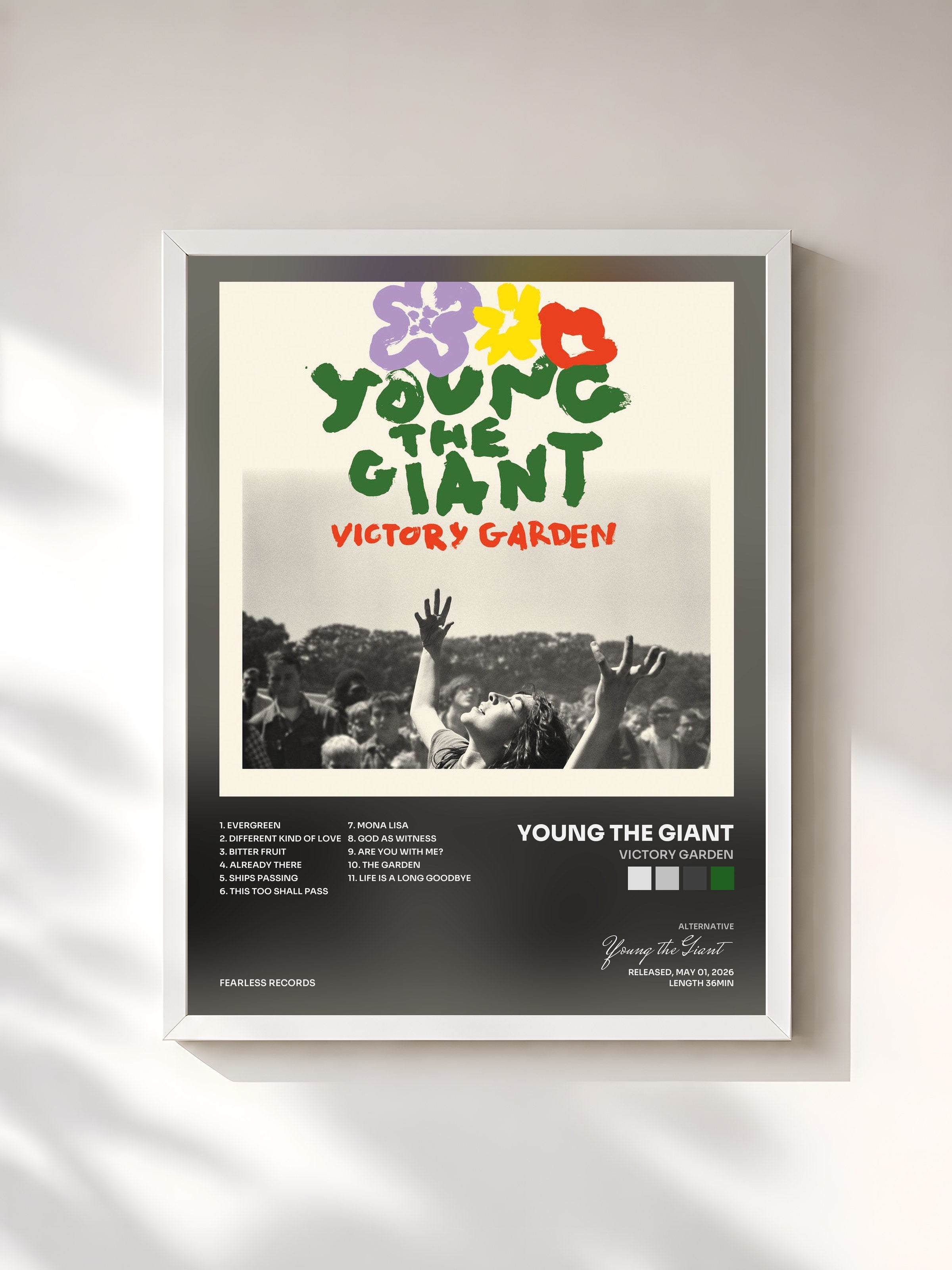 #blanc Tableau de l'album Victory Garden de Young the Giant, cadre blanc, imprimé et encadré en France