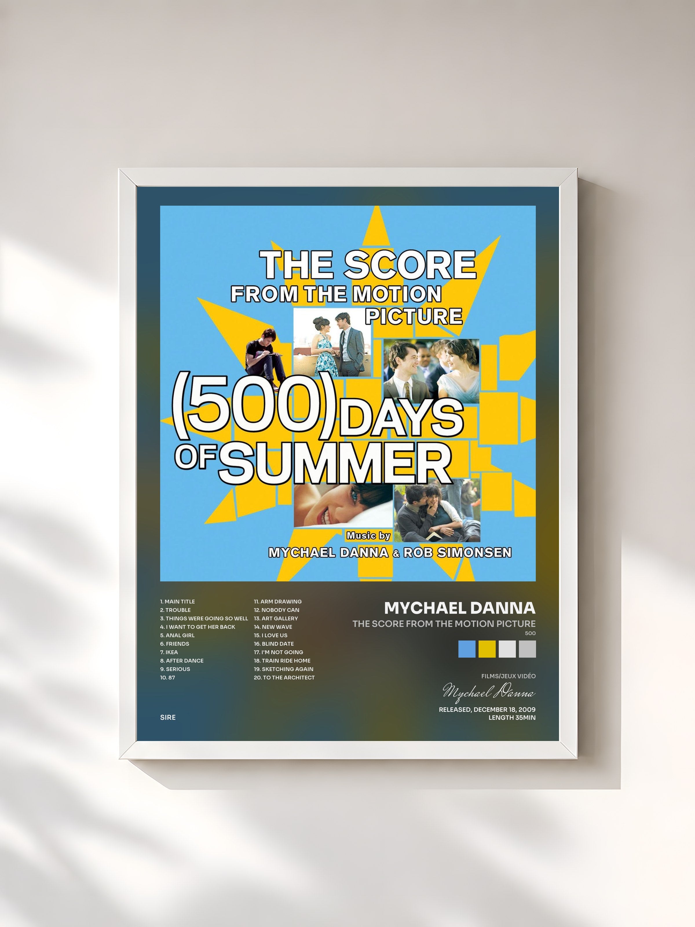 #blanc Tableau de l'album The Score From The Motion Picture (500) Days Of Summer de Mychael Danna, cadre blanc, imprimé et encadré en France