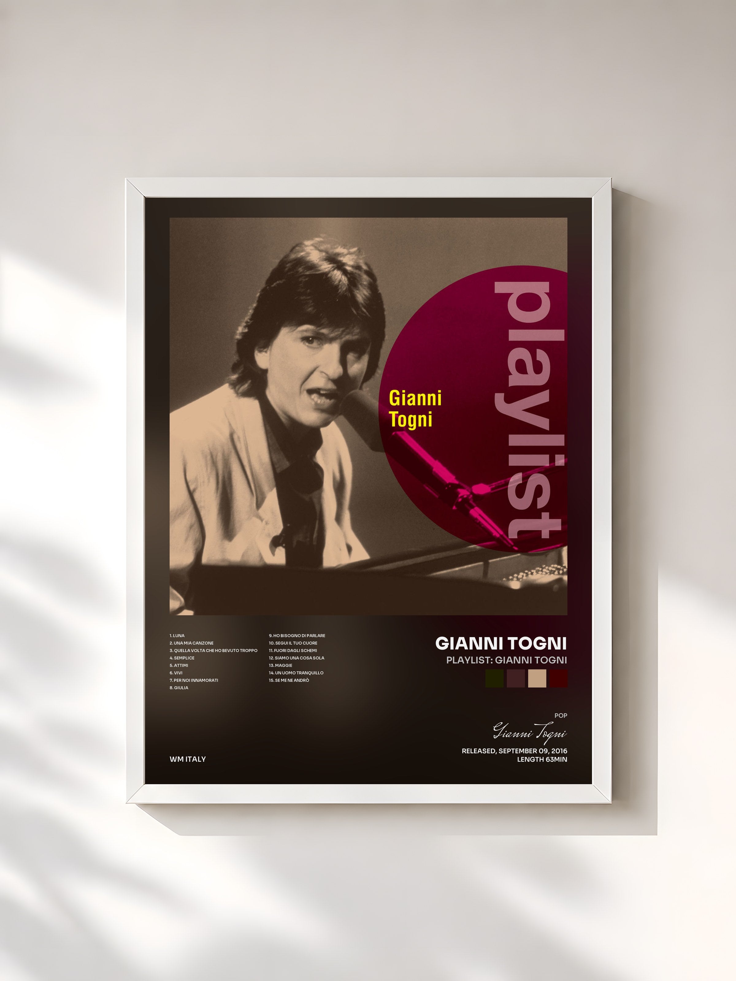 #blanc Tableau de l'album Playlist: Gianni Togni de Gianni Togni, cadre blanc, imprimé et encadré en France