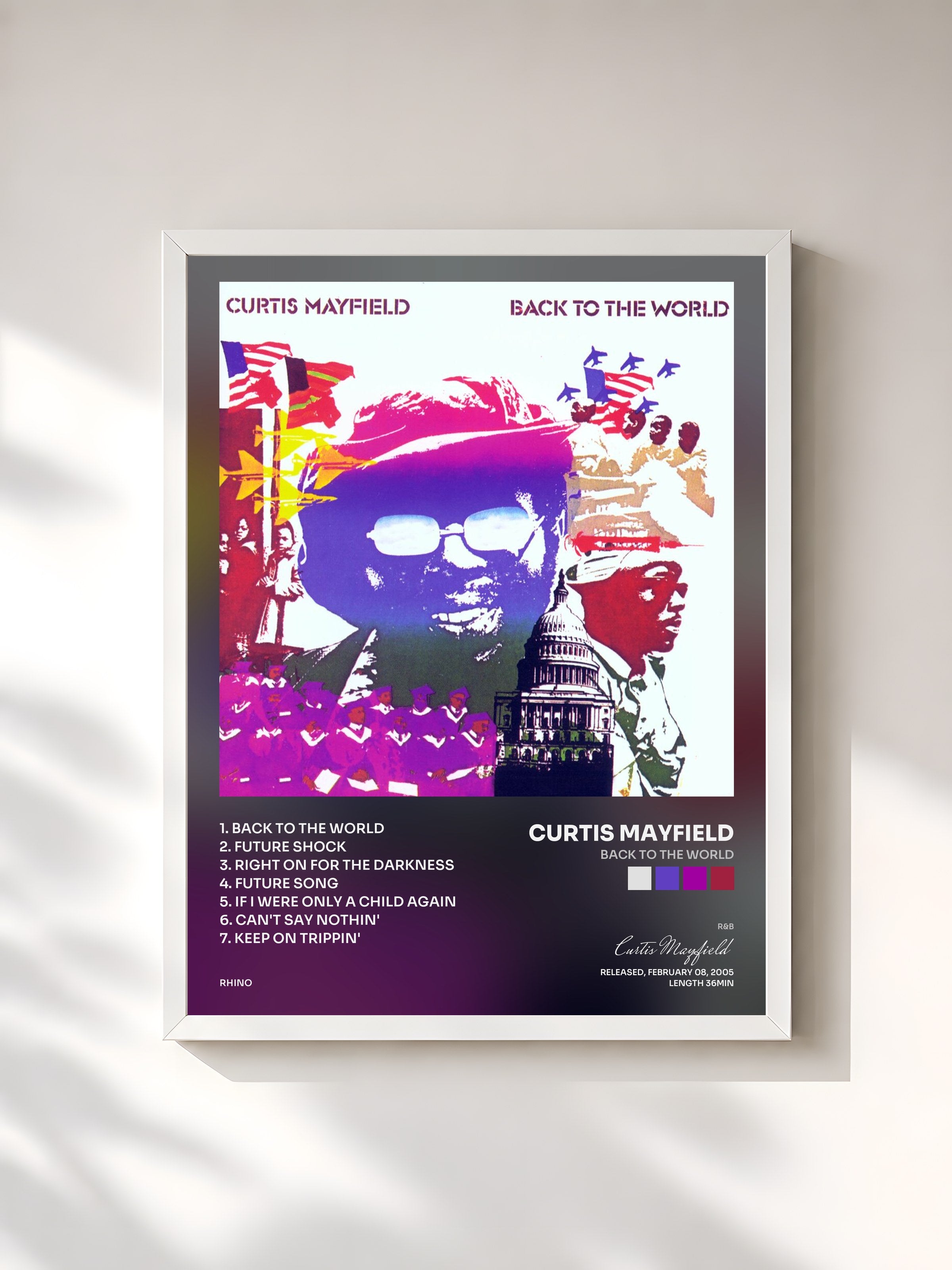 #blanc Tableau de l'album Back to the World de Curtis Mayfield, cadre blanc, imprimé et encadré en France