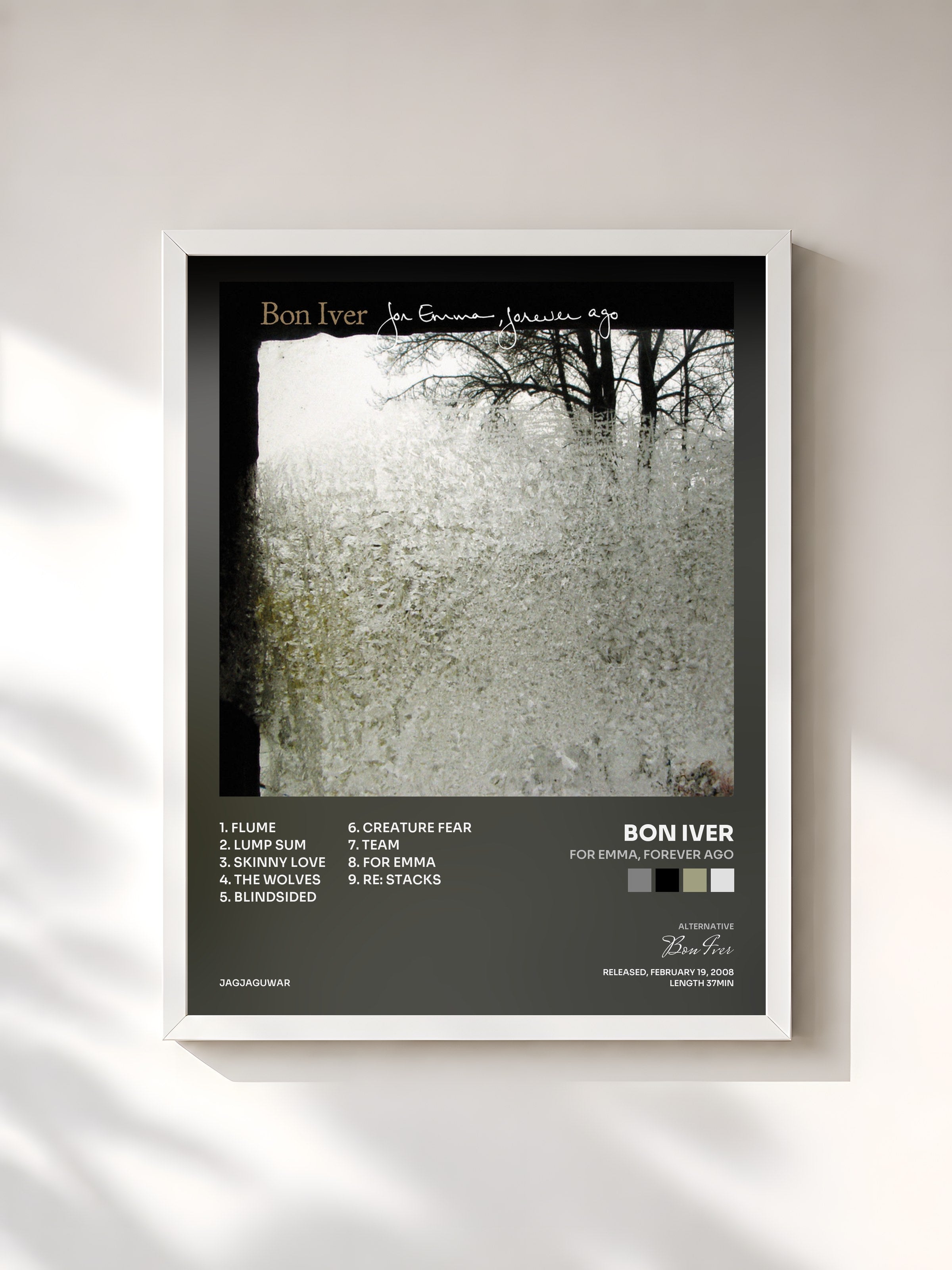 #blanc Tableau de l'album For Emma, Forever Ago de Bon Iver, cadre blanc, imprimé et encadré en France
