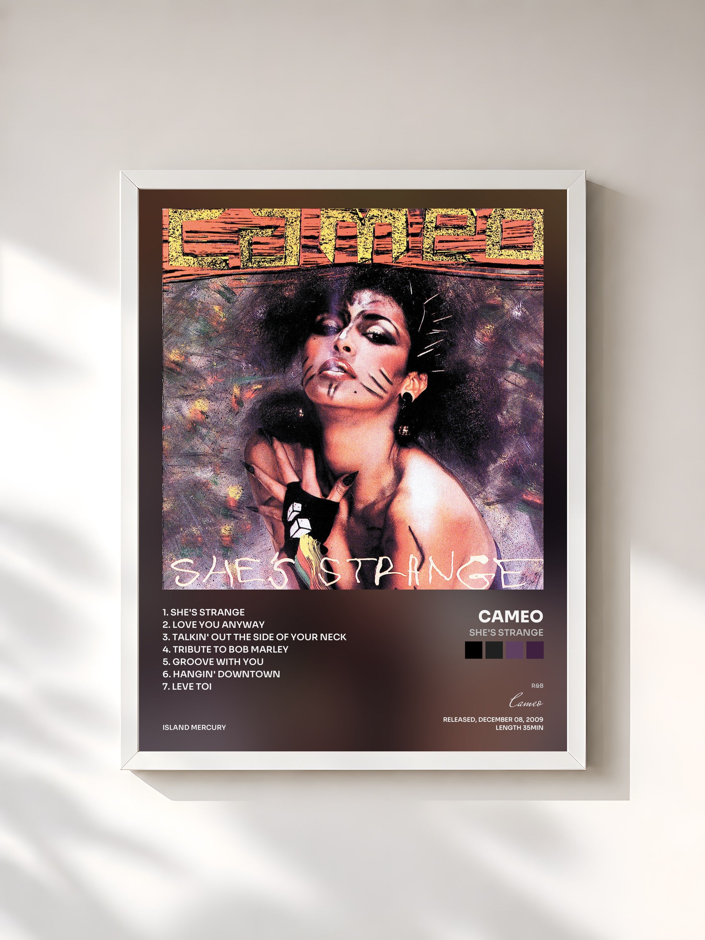 #blanc Tableau de l'album She's Strange de Cameo, cadre blanc, imprimé et encadré en France
