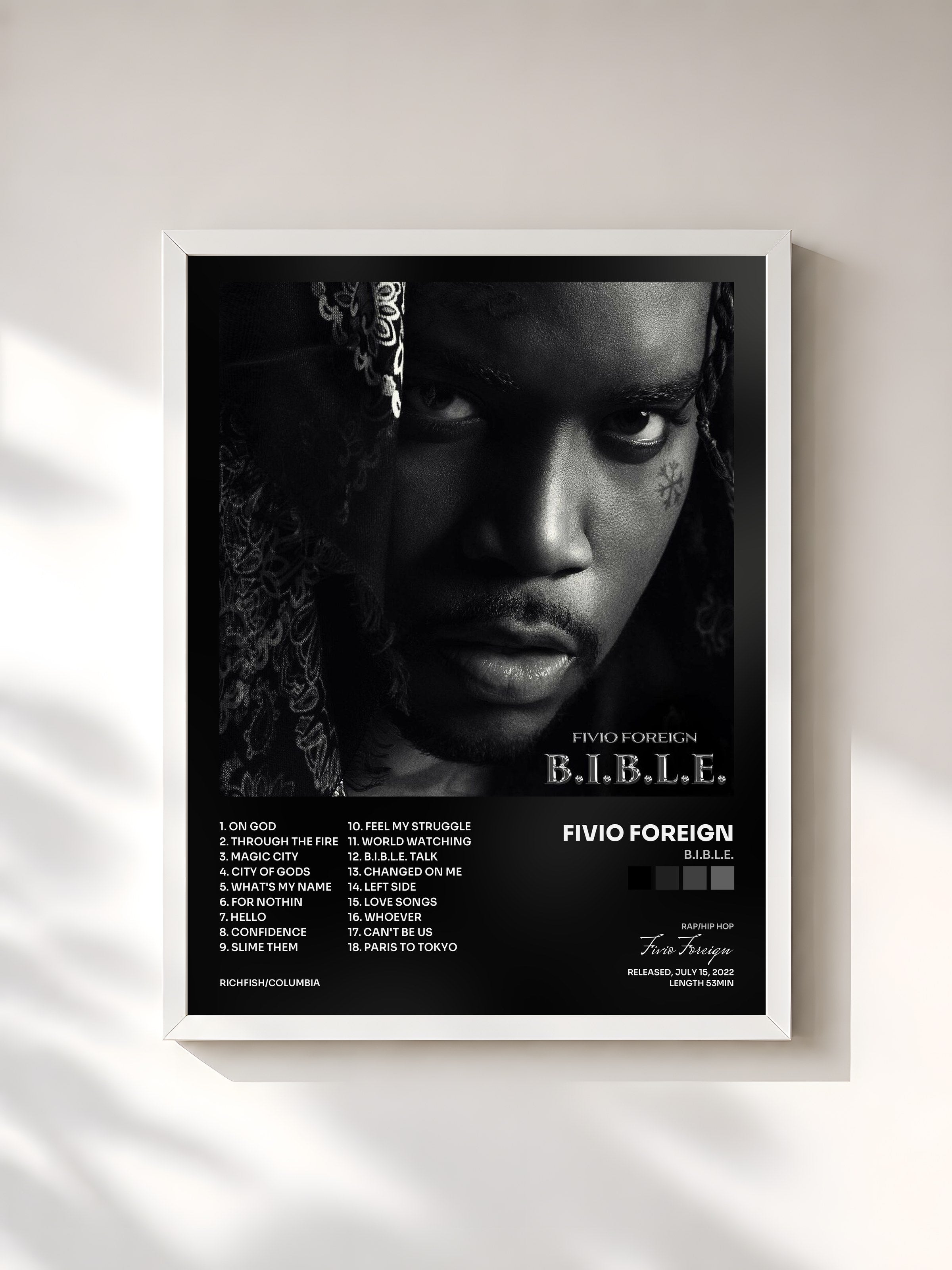 #blanc Tableau de l'album B.I.B.L.E. de Fivio Foreign, cadre blanc, imprimé et encadré en France