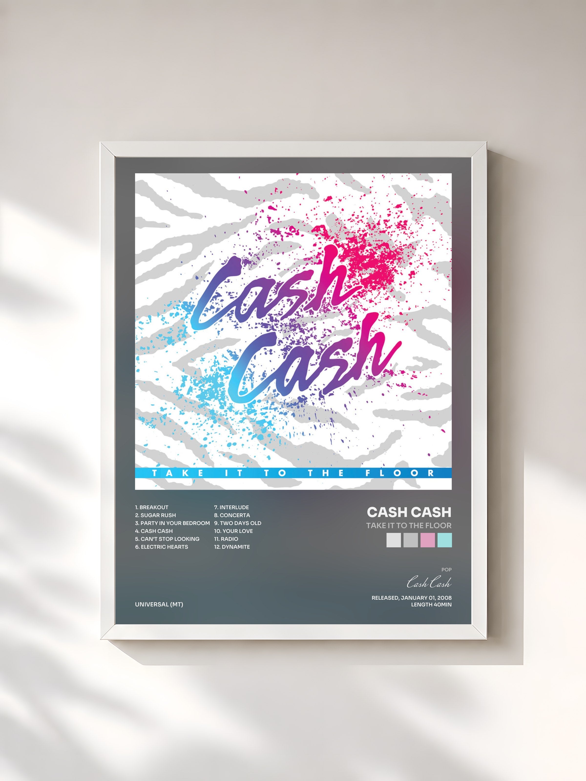 #blanc Tableau de l'album Take It To The Floor de Cash Cash, cadre blanc, imprimé et encadré en France