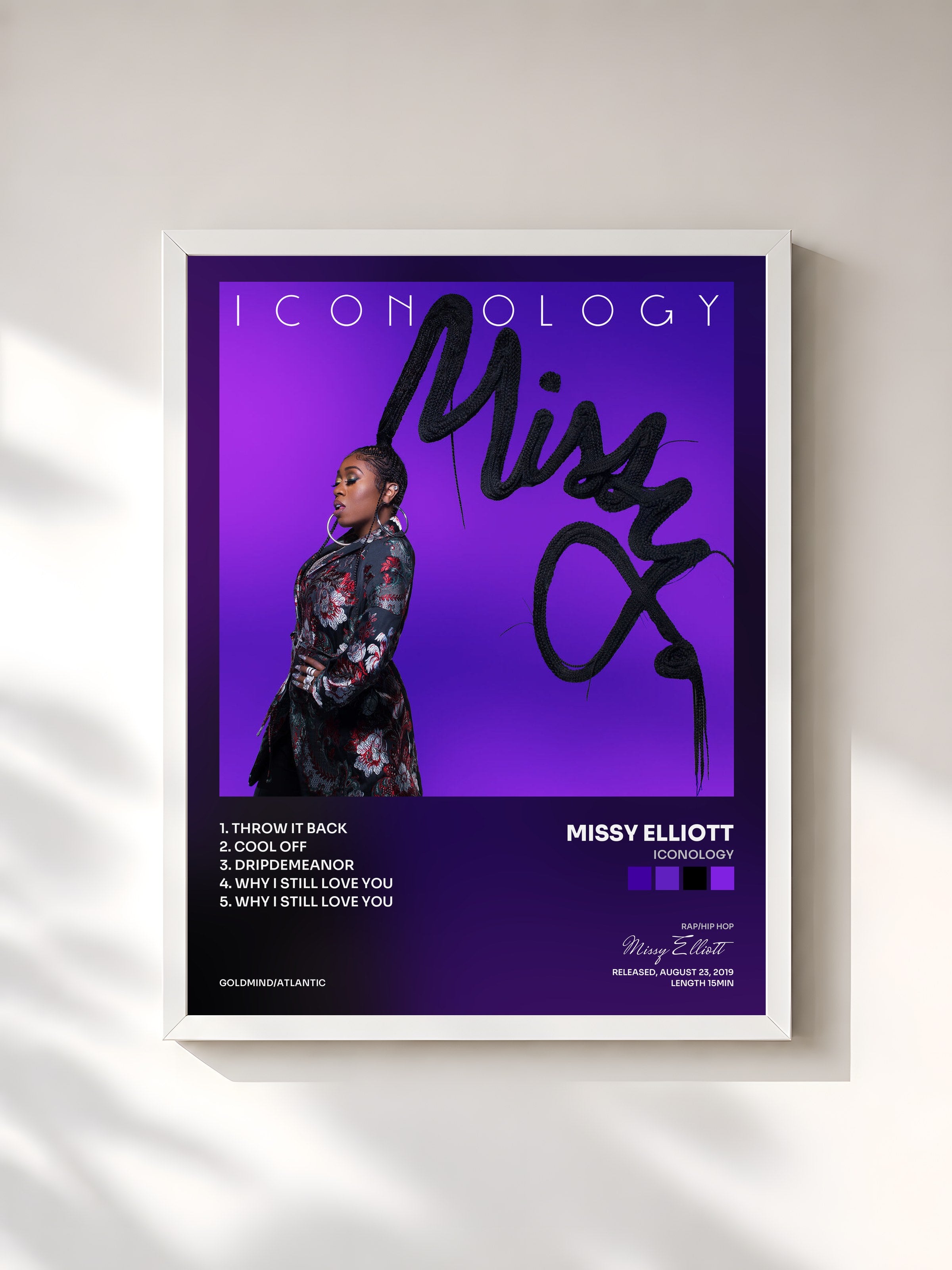#blanc Tableau de l'album ICONOLOGY de Missy Elliott, cadre blanc, imprimé et encadré en France