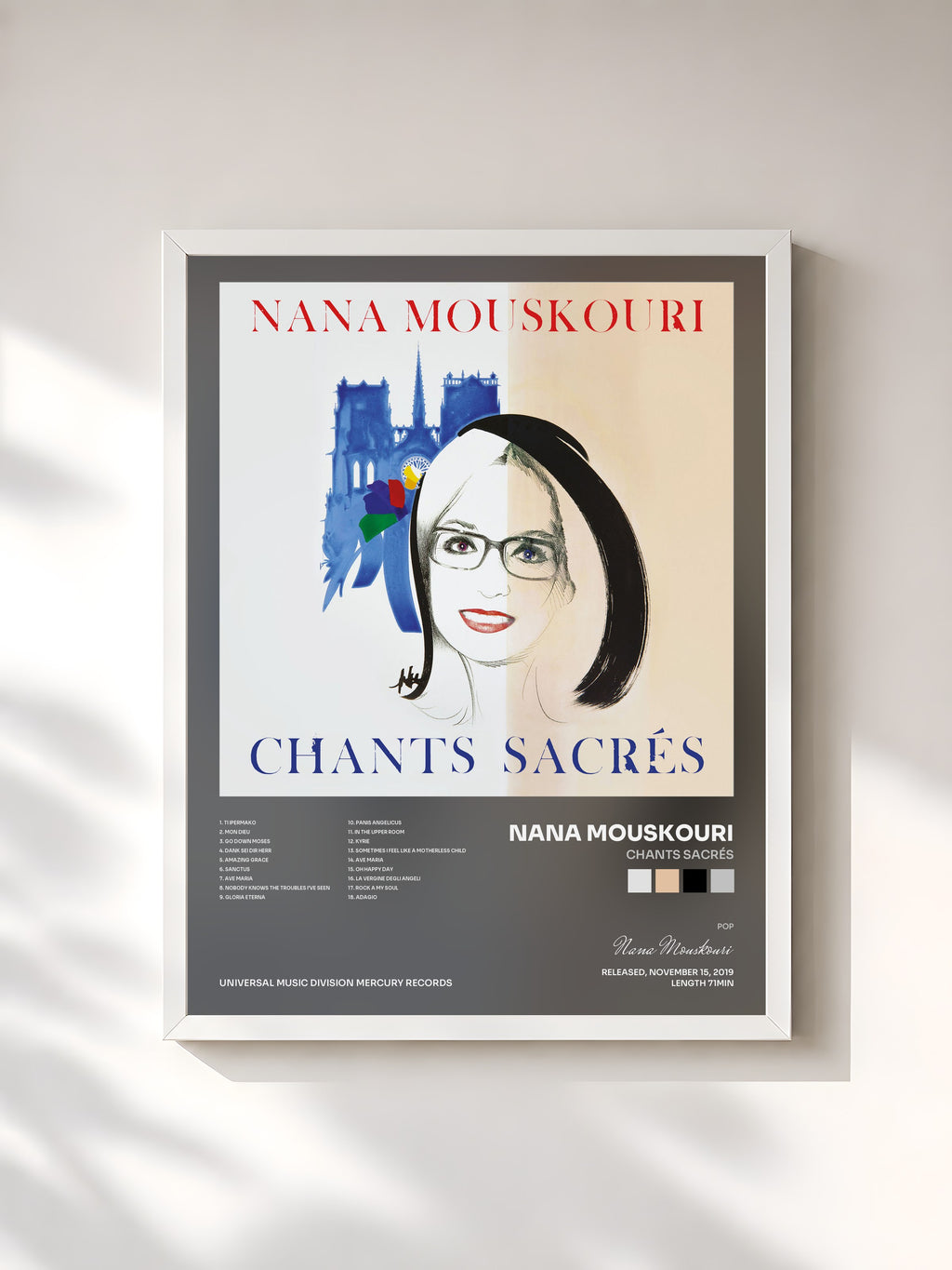 #blanc Tableau de l'album Chants sacrés de Nana Mouskouri, cadre blanc, imprimé et encadré en France
