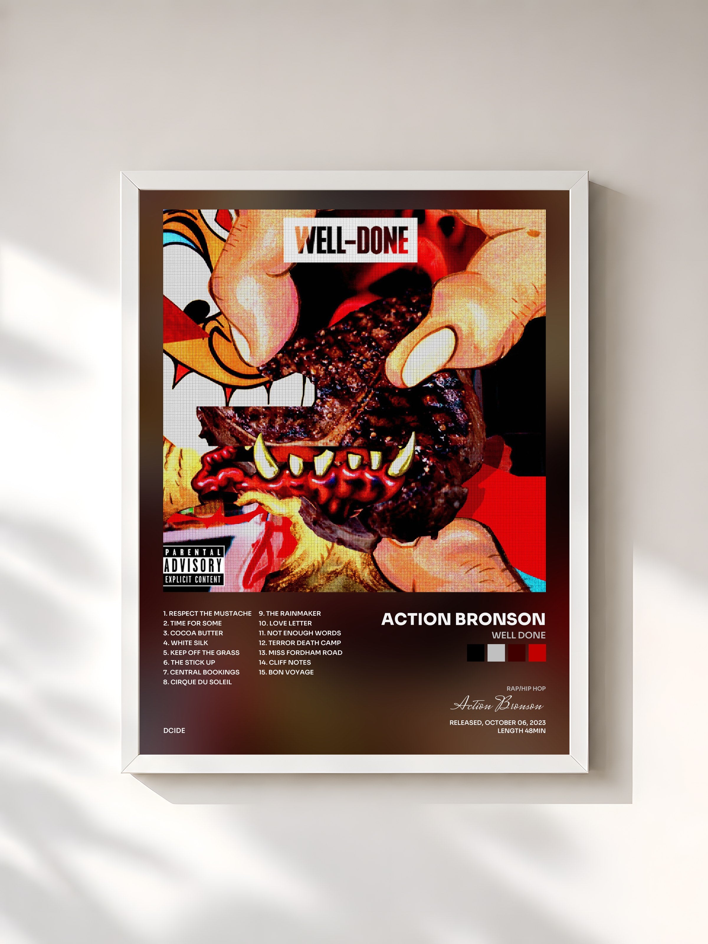 #blanc Tableau de l'album Well Done de Action Bronson, cadre blanc, imprimé et encadré en France