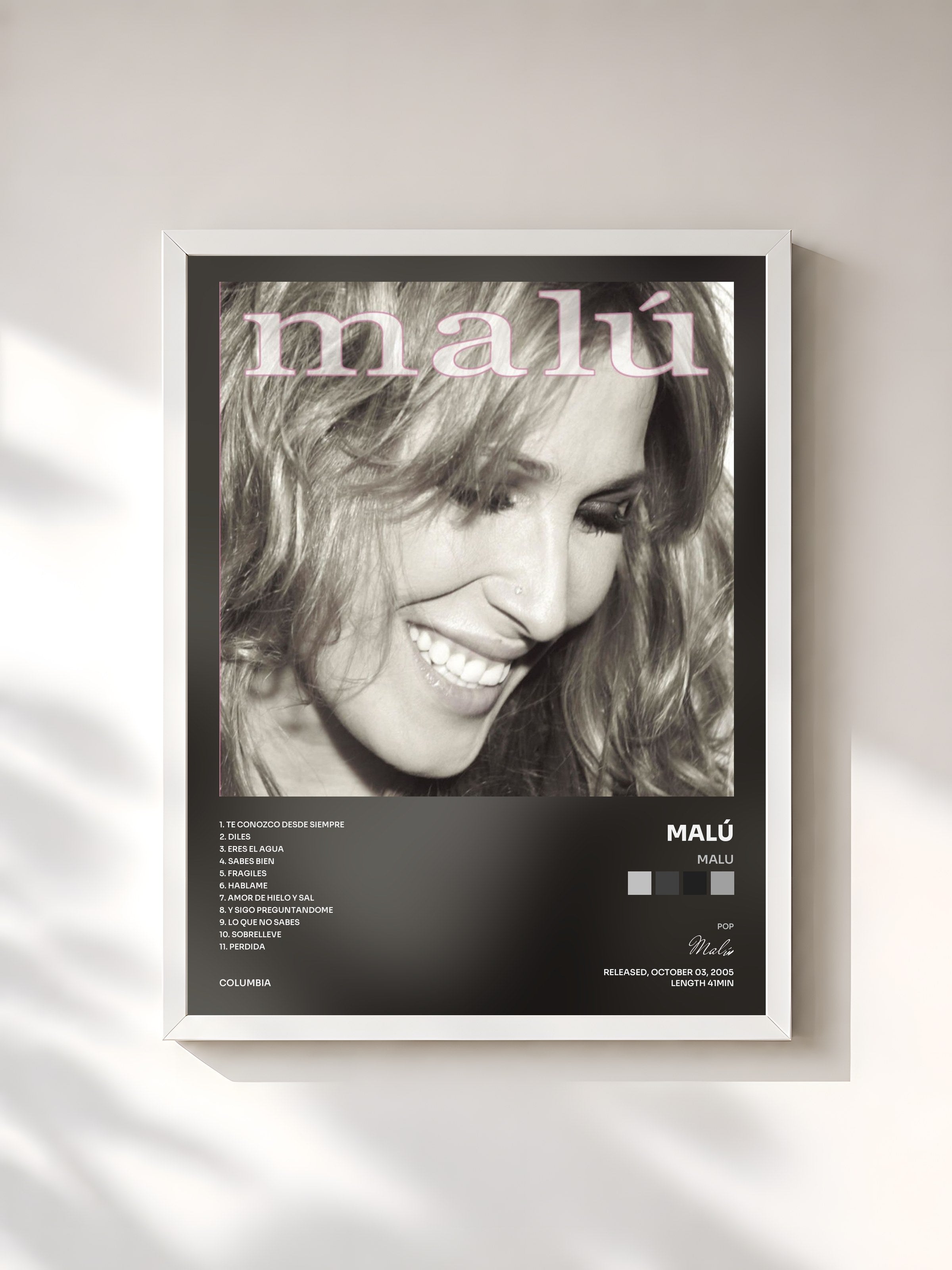 #blanc Tableau de l'album Malu de Malú, cadre blanc, imprimé et encadré en France