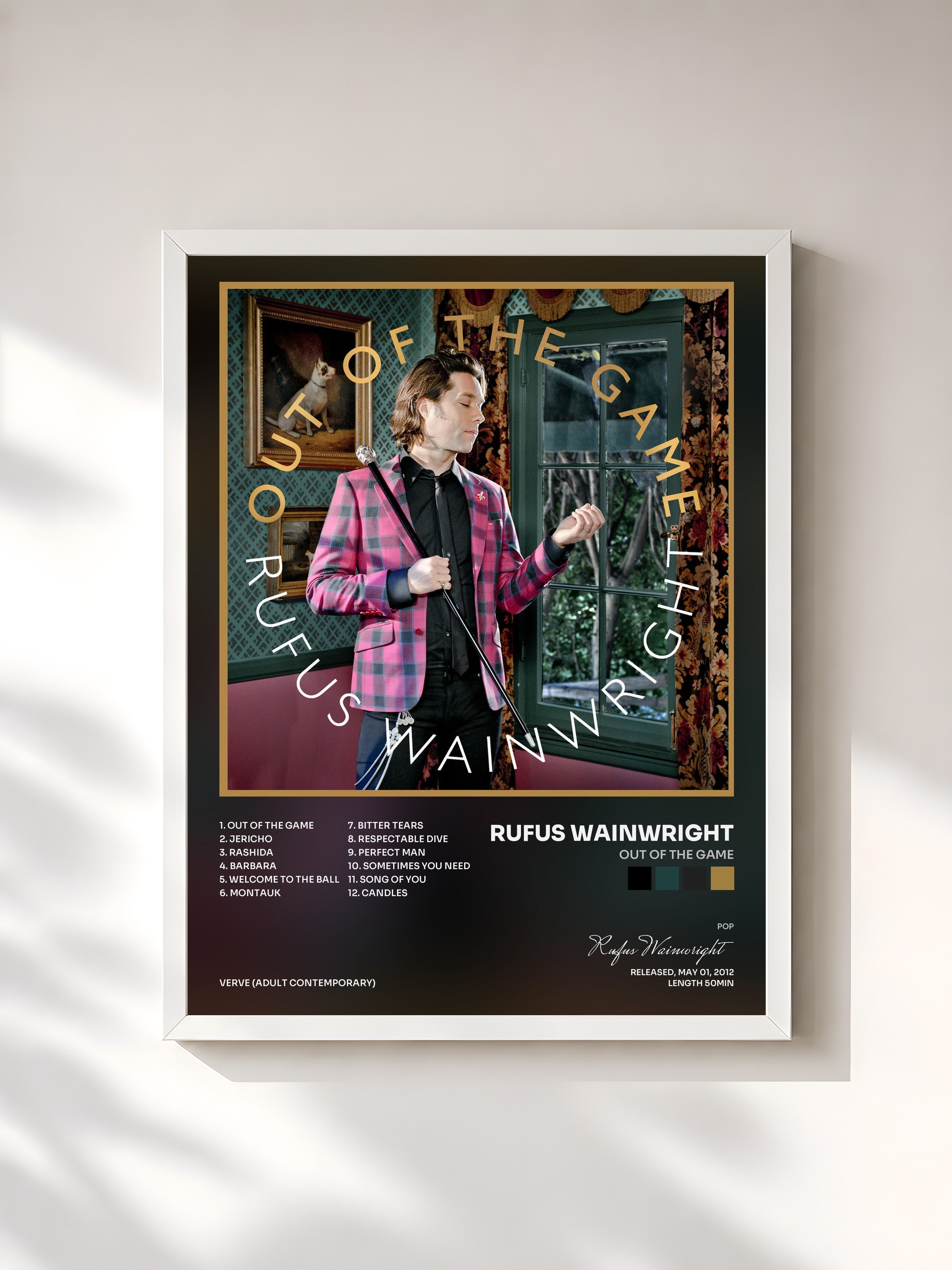 #blanc Tableau de l'album Out Of The Game de Rufus Wainwright, cadre blanc, imprimé et encadré en France