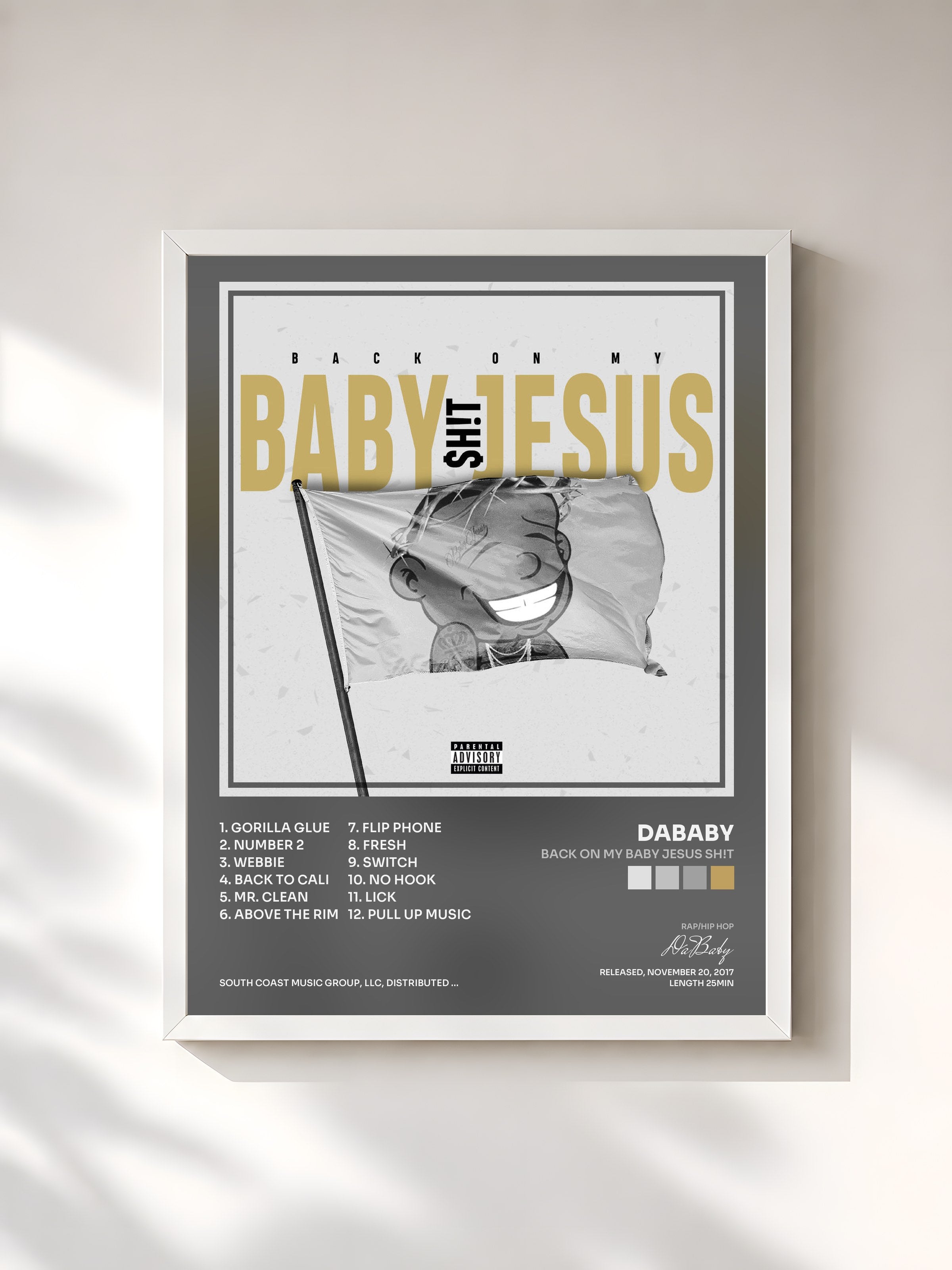 #blanc Tableau de l'album Back On My Baby Jesus Sh!t de DaBaby, cadre blanc, imprimé et encadré en France