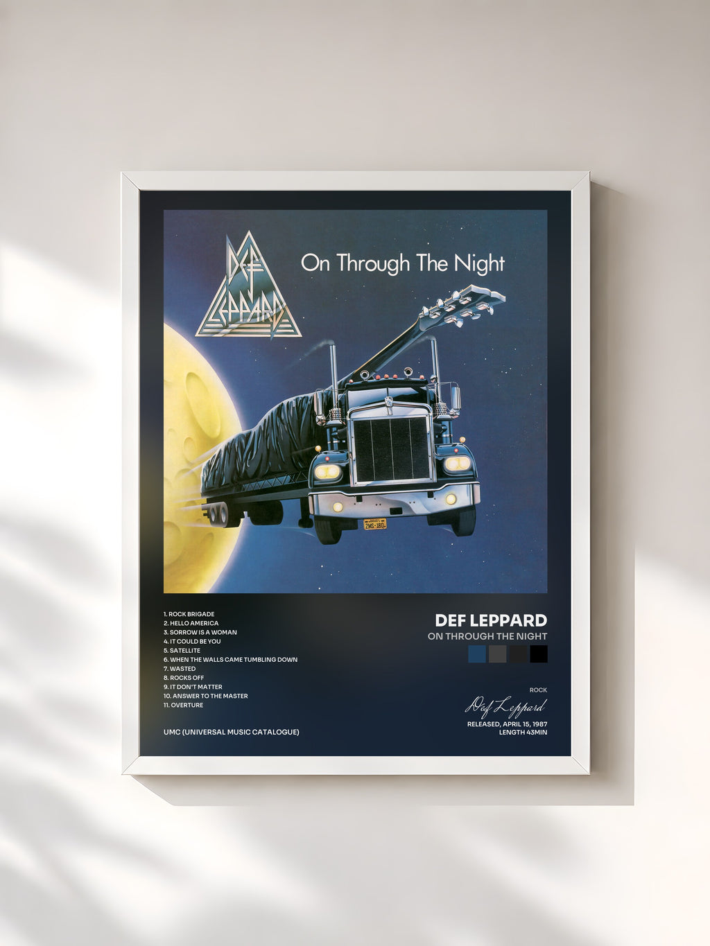 #blanc Tableau de l'album On Through The Night de Def Leppard, cadre blanc, imprimé et encadré en France
