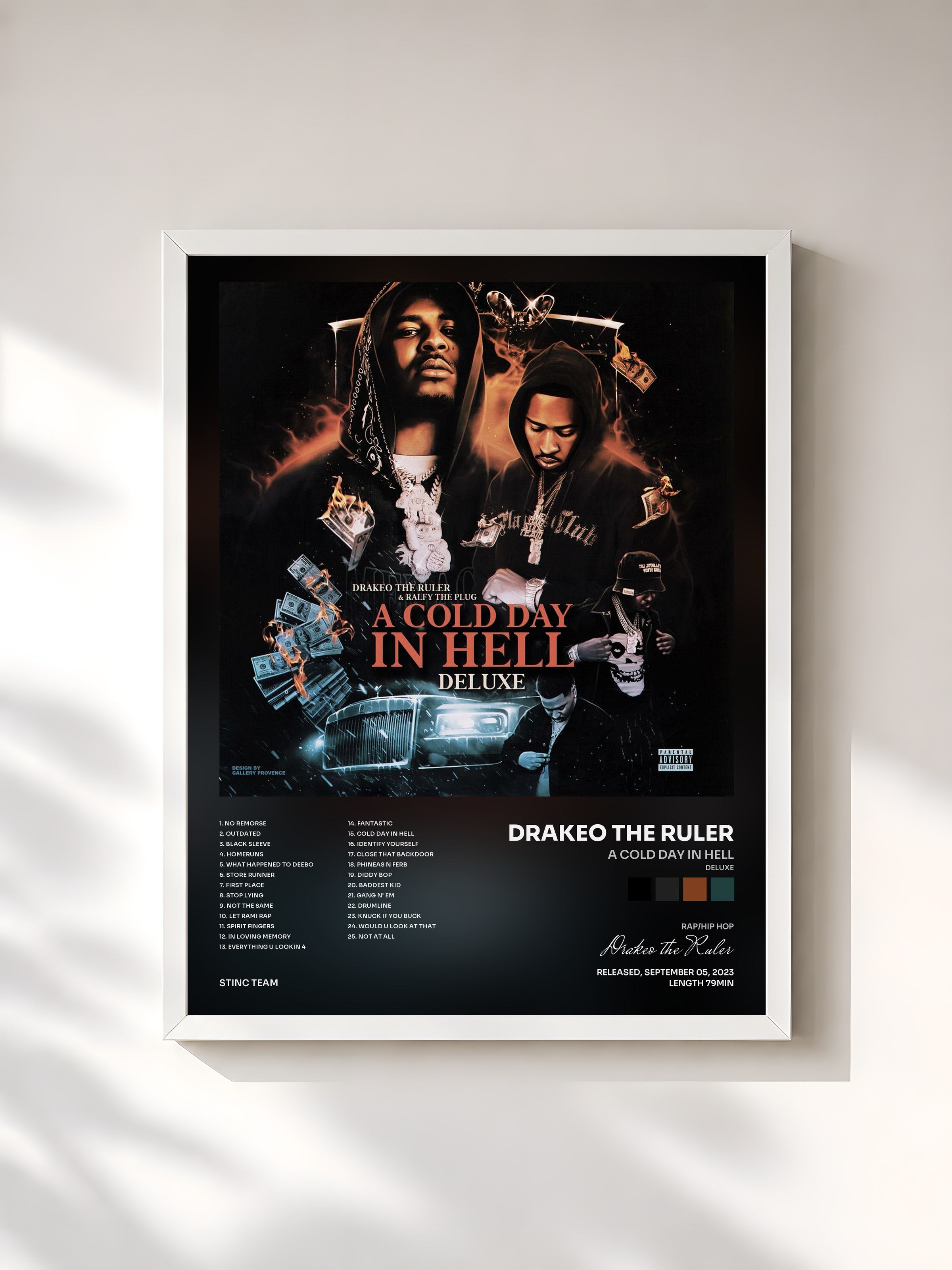 #blanc Tableau de l'album A Cold Day In Hell (Deluxe) de Drakeo the Ruler, cadre blanc, imprimé et encadré en France