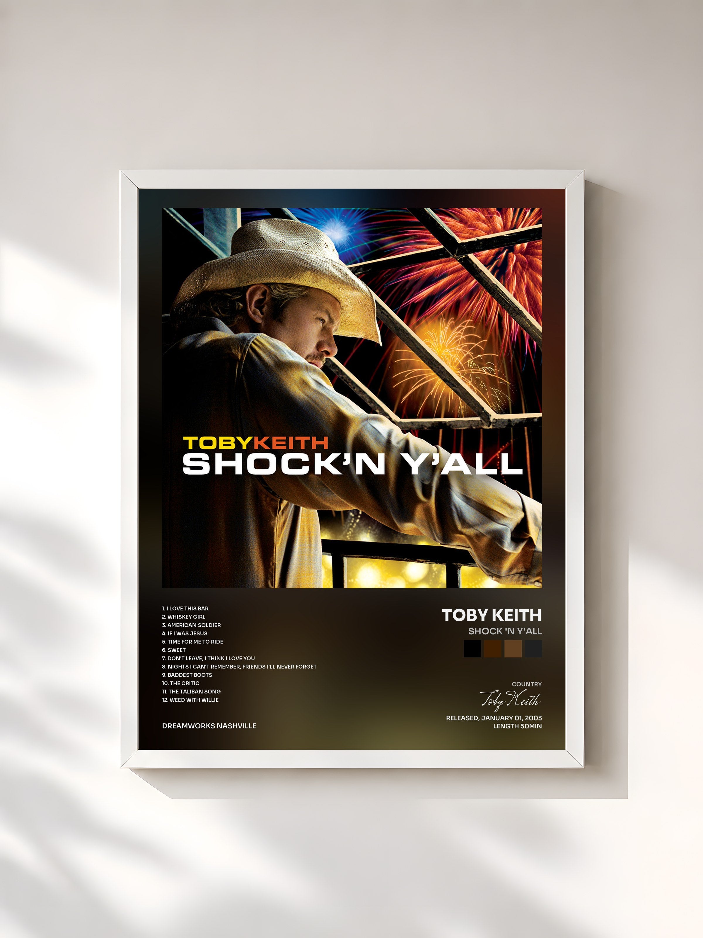 #blanc Tableau de l'album Shock 'N Y'all de Toby Keith, cadre blanc, imprimé et encadré en France
