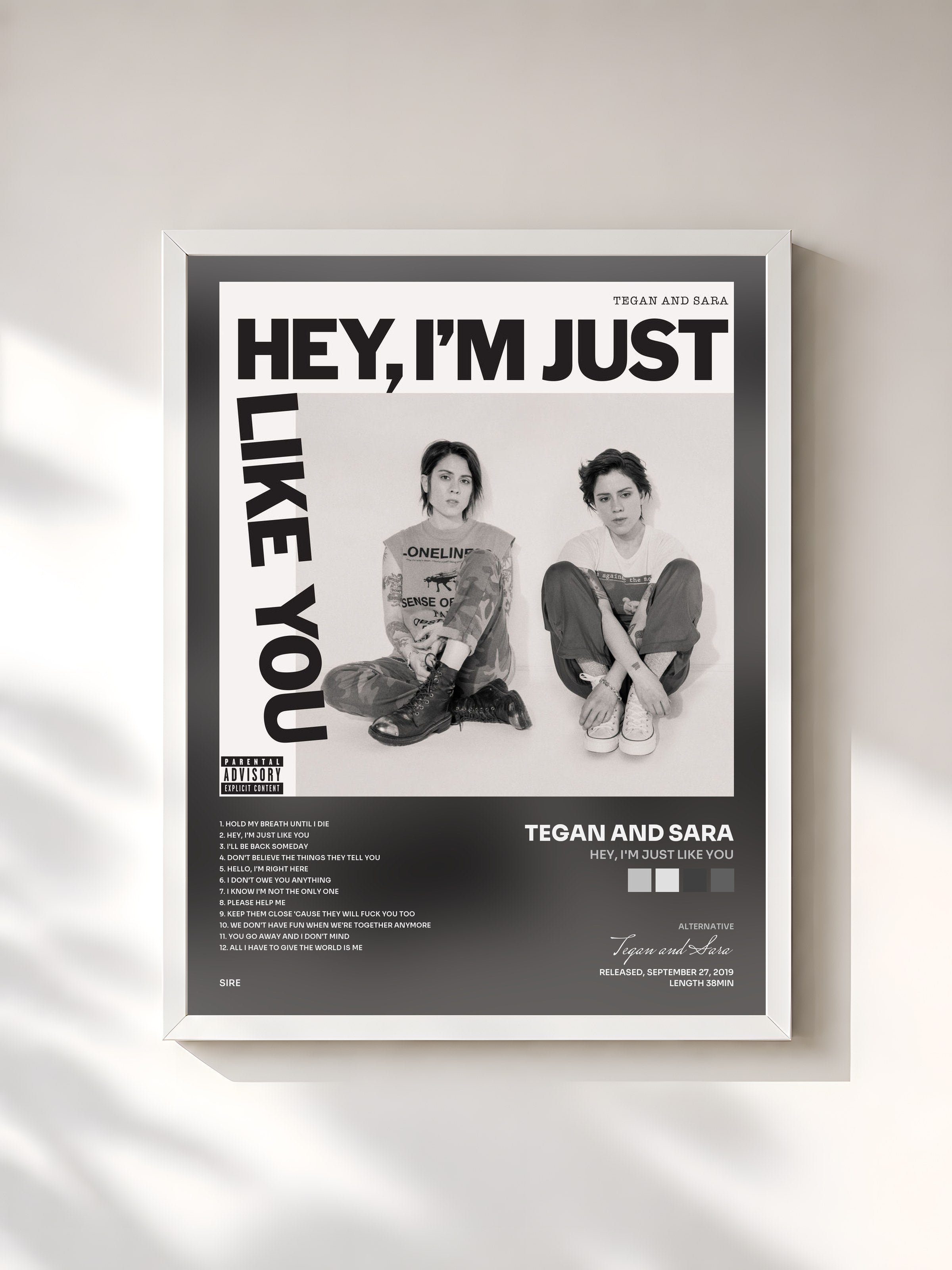 #blanc Tableau de l'album Hey, I'm Just like You de Tegan and Sara, cadre blanc, imprimé et encadré en France