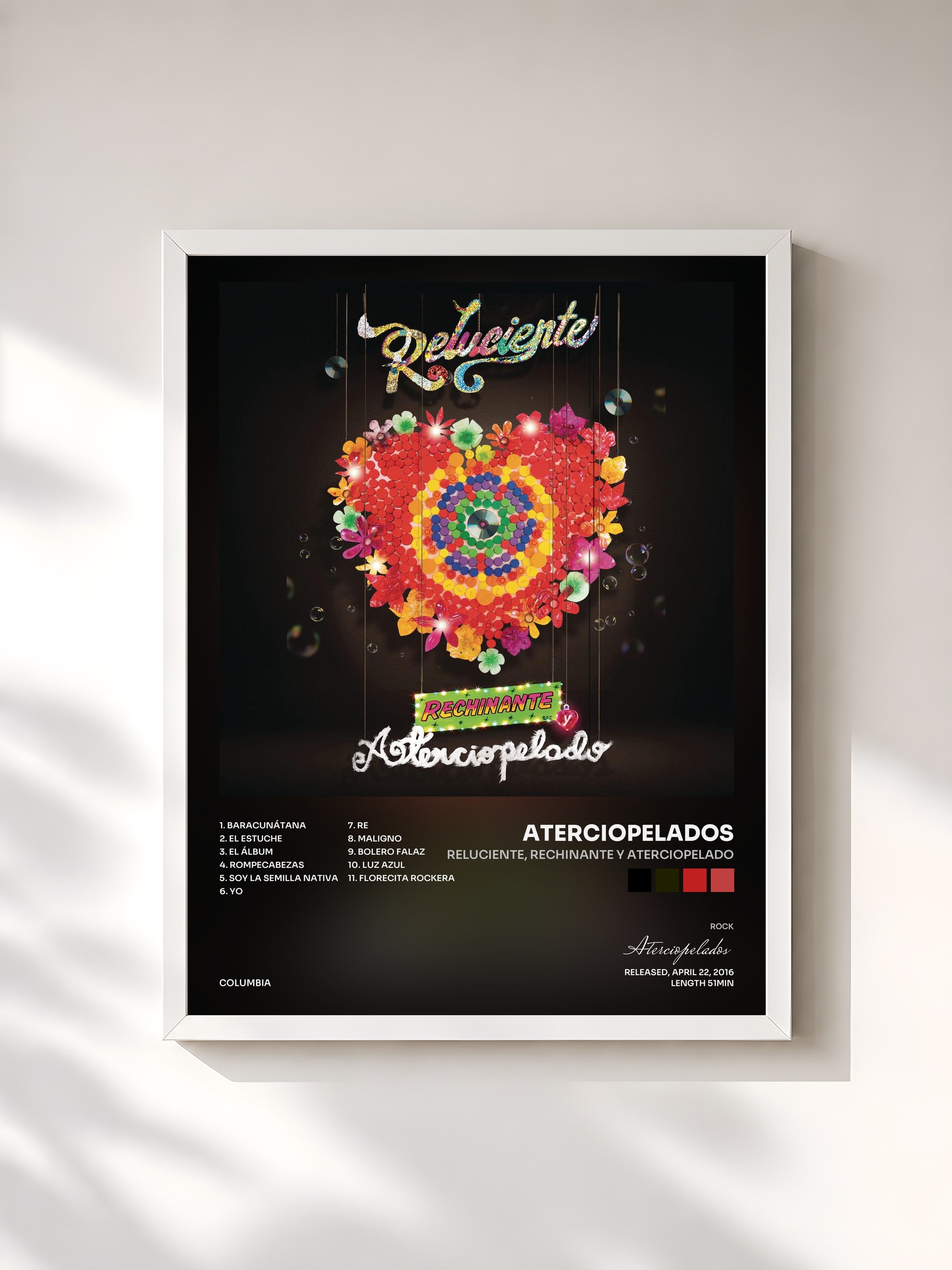 #blanc Tableau de l'album Reluciente, Rechinante y Aterciopelado de Aterciopelados, cadre blanc, imprimé et encadré en France