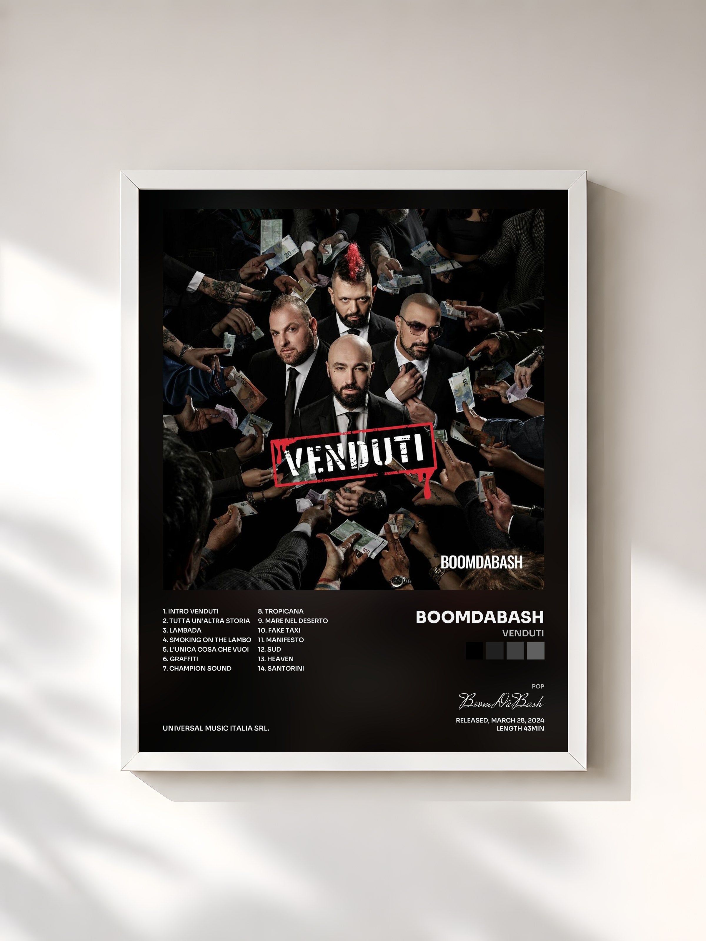 #blanc Tableau de l'album Venduti de BoomDaBash, cadre blanc, imprimé et encadré en France