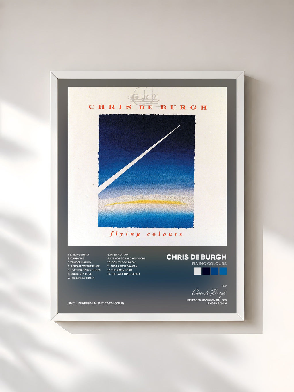 #blanc Tableau de l'album Flying Colours de Chris de Burgh, cadre blanc, imprimé et encadré en France