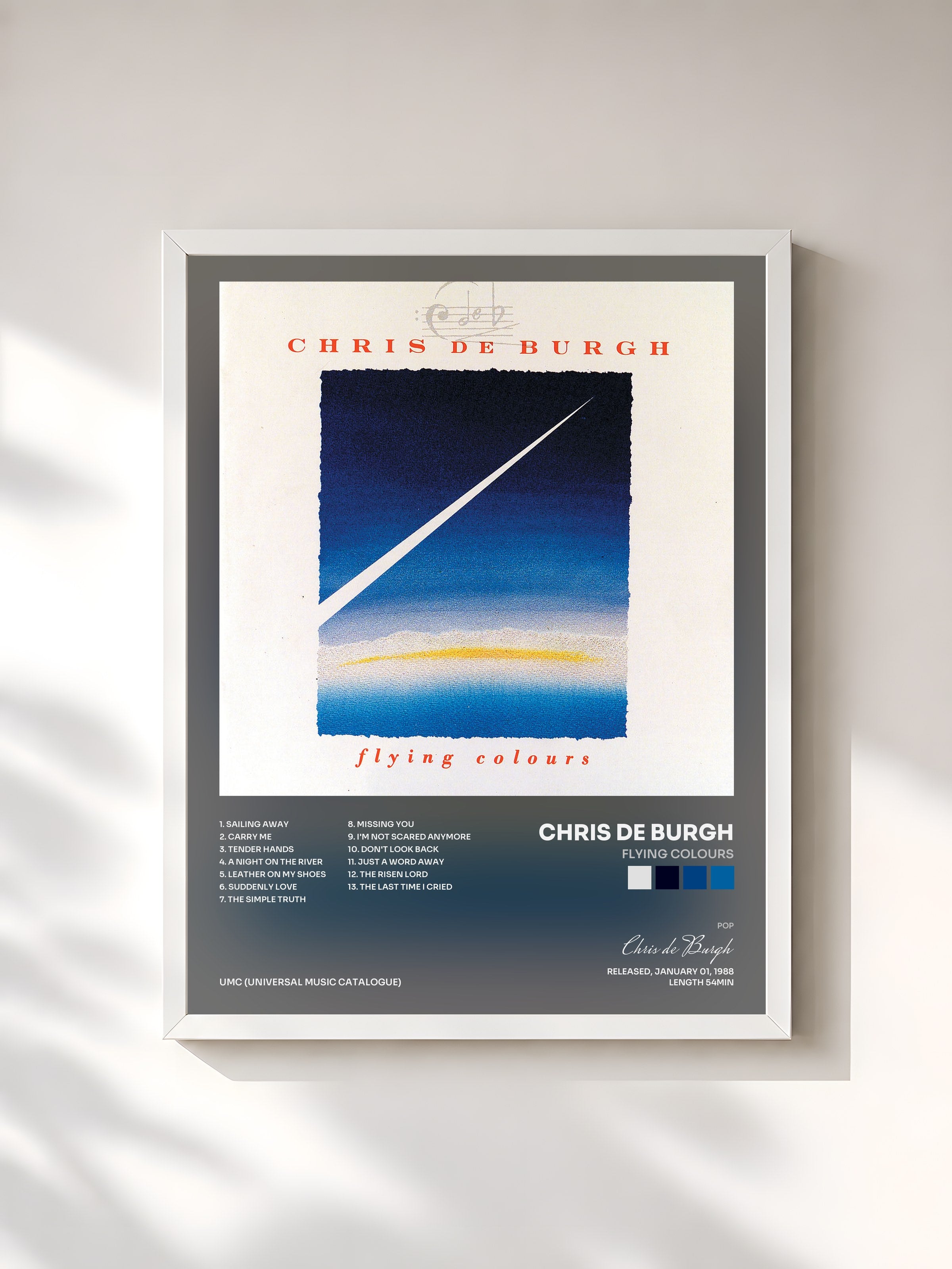 #blanc Tableau de l'album Flying Colours de Chris de Burgh, cadre blanc, imprimé et encadré en France