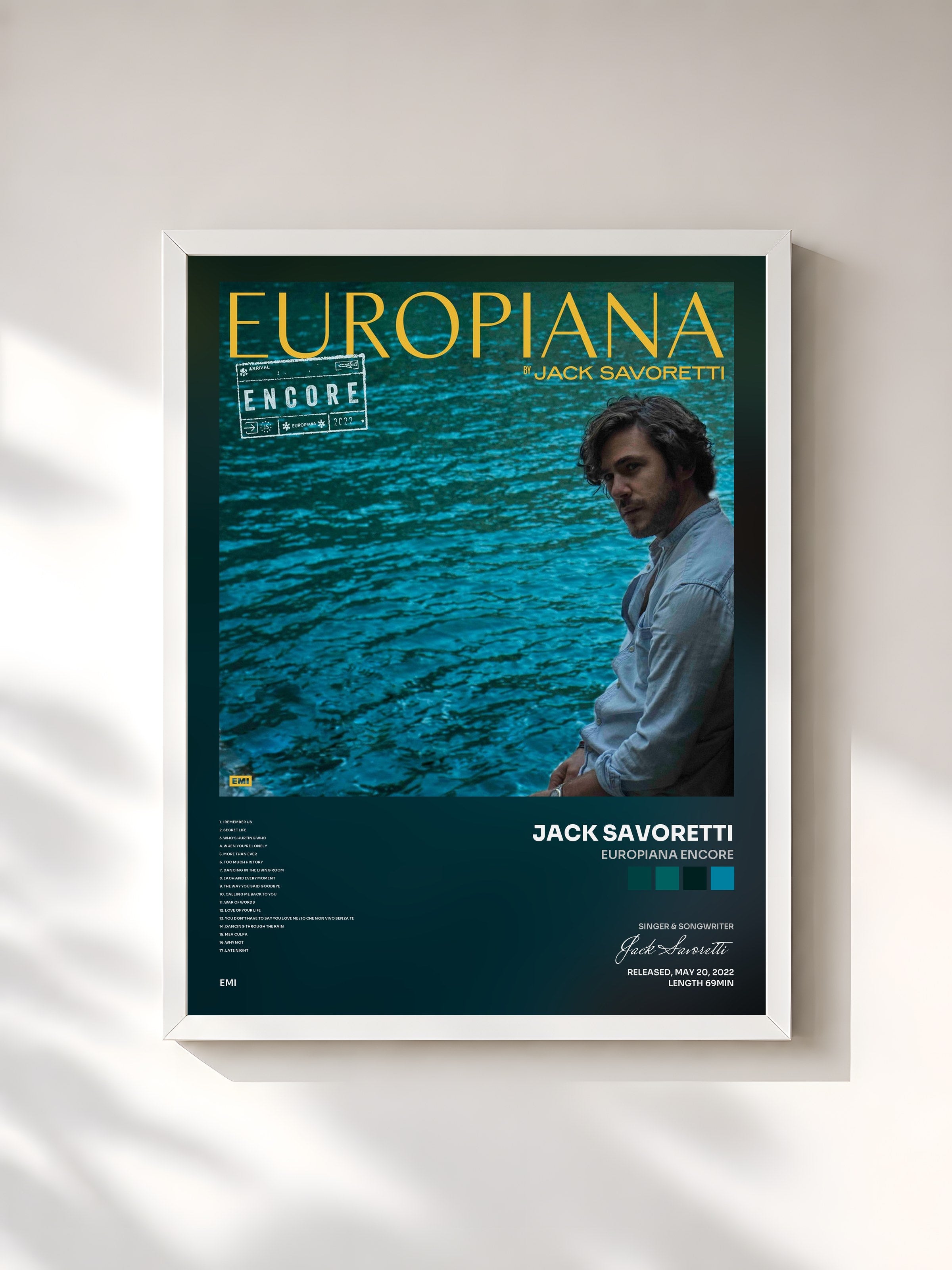 #blanc Tableau de l'album Europiana Encore de Jack Savoretti, cadre blanc, imprimé et encadré en France