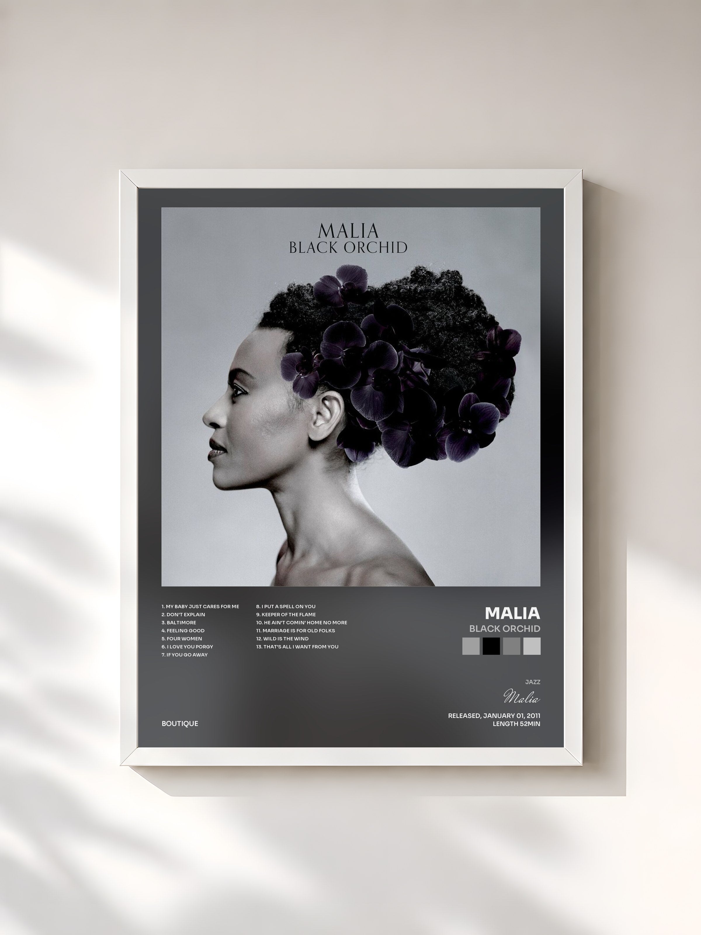 #blanc Tableau de l'album Black Orchid de Malia, cadre blanc, imprimé et encadré en France