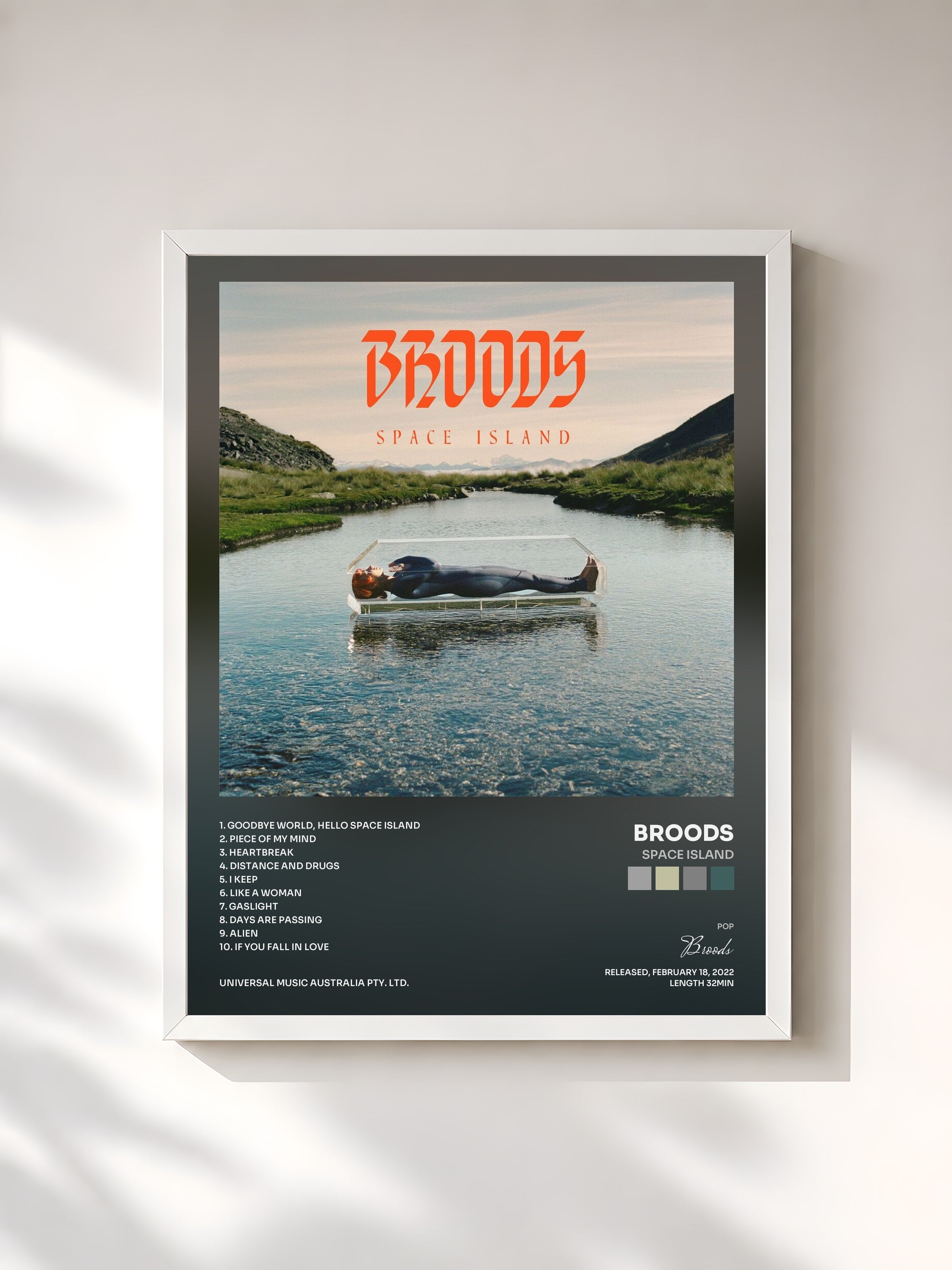 #blanc Tableau de l'album Space Island de Broods, cadre blanc, imprimé et encadré en France