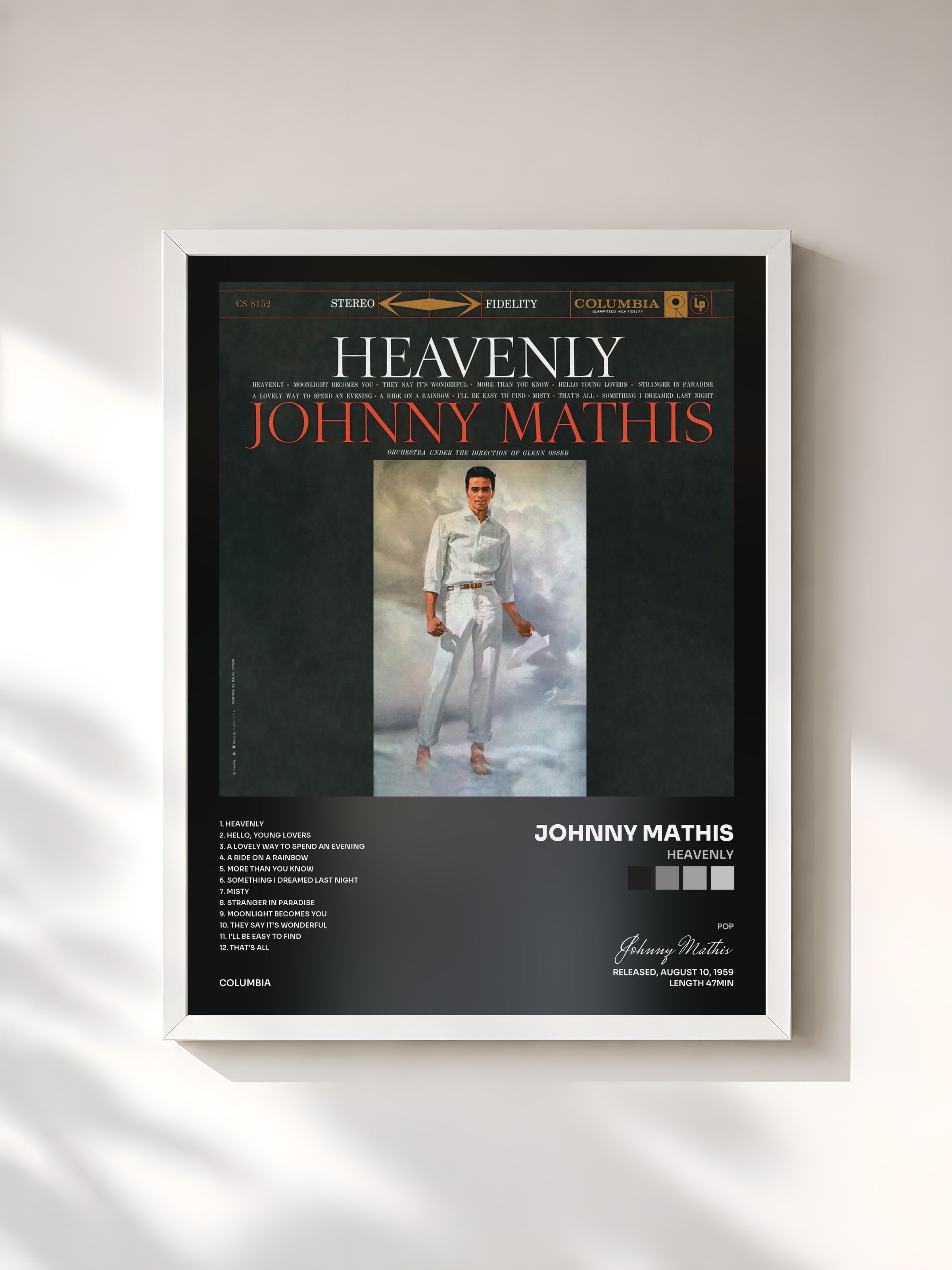 #blanc Tableau de l'album Heavenly de Johnny Mathis, cadre blanc, imprimé et encadré en France