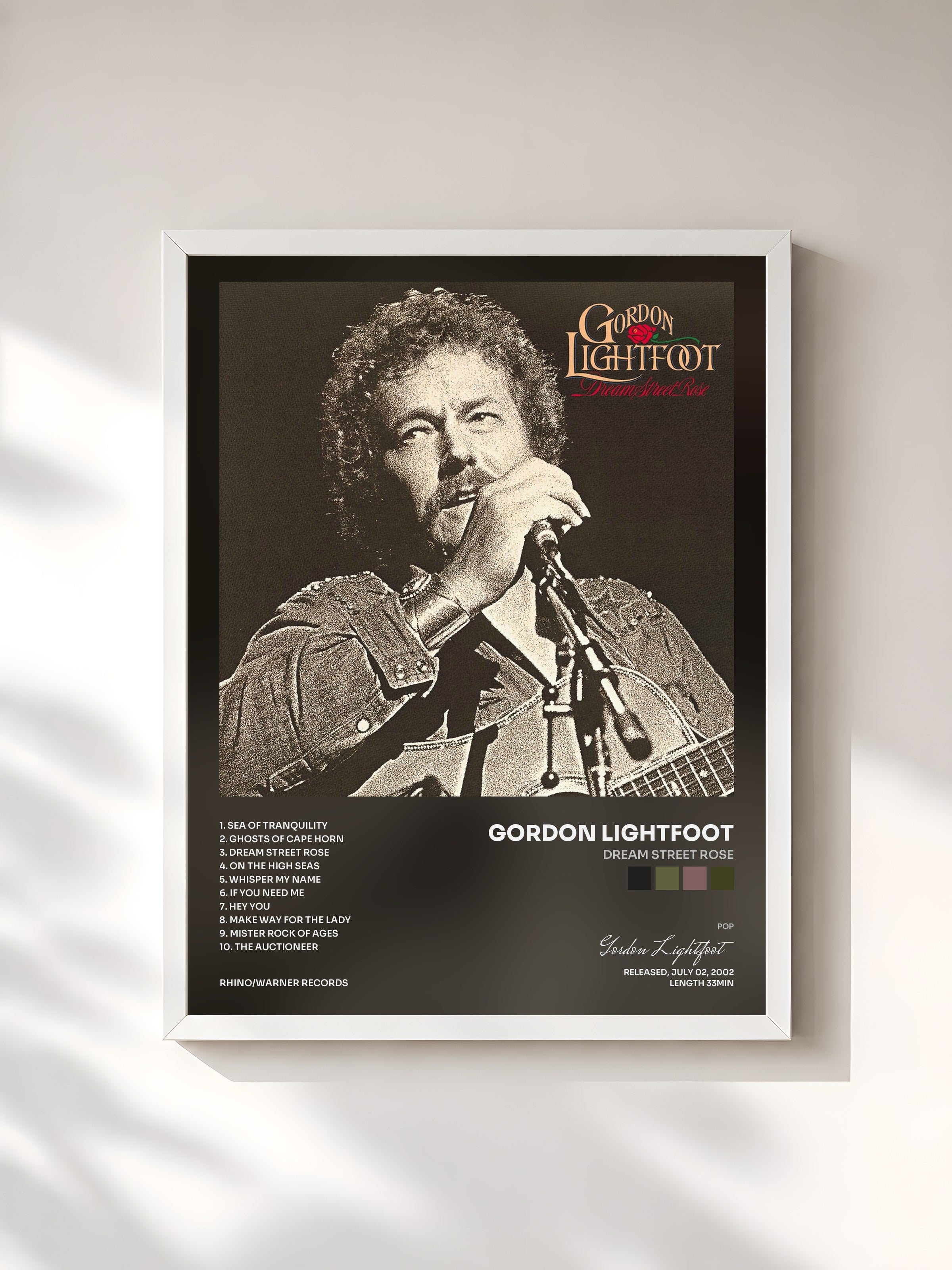 #blanc Tableau de l'album Dream Street Rose de Gordon Lightfoot, cadre blanc, imprimé et encadré en France