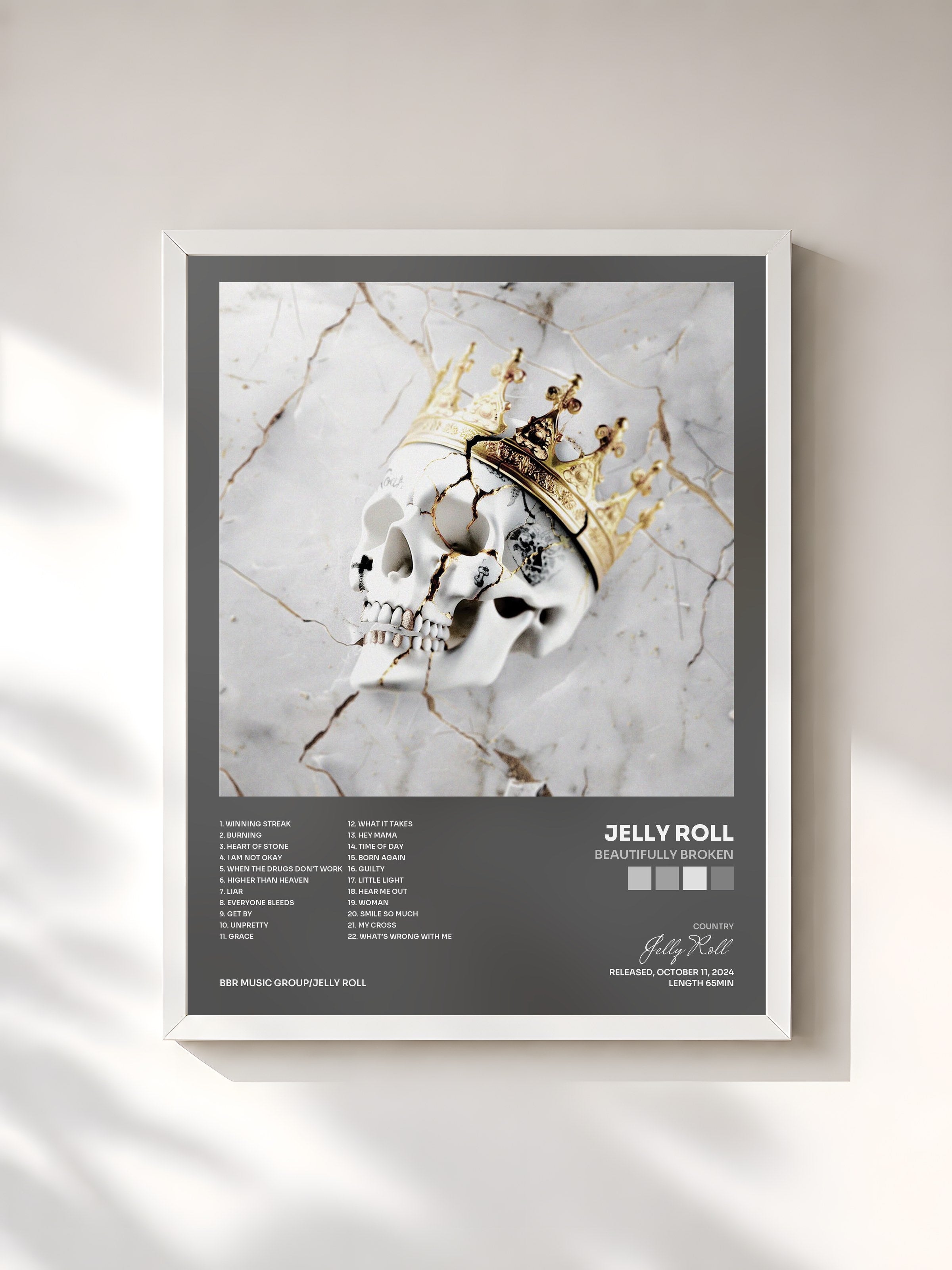 #blanc Tableau de l'album Beautifully Broken de Jelly Roll, cadre blanc, imprimé et encadré en France