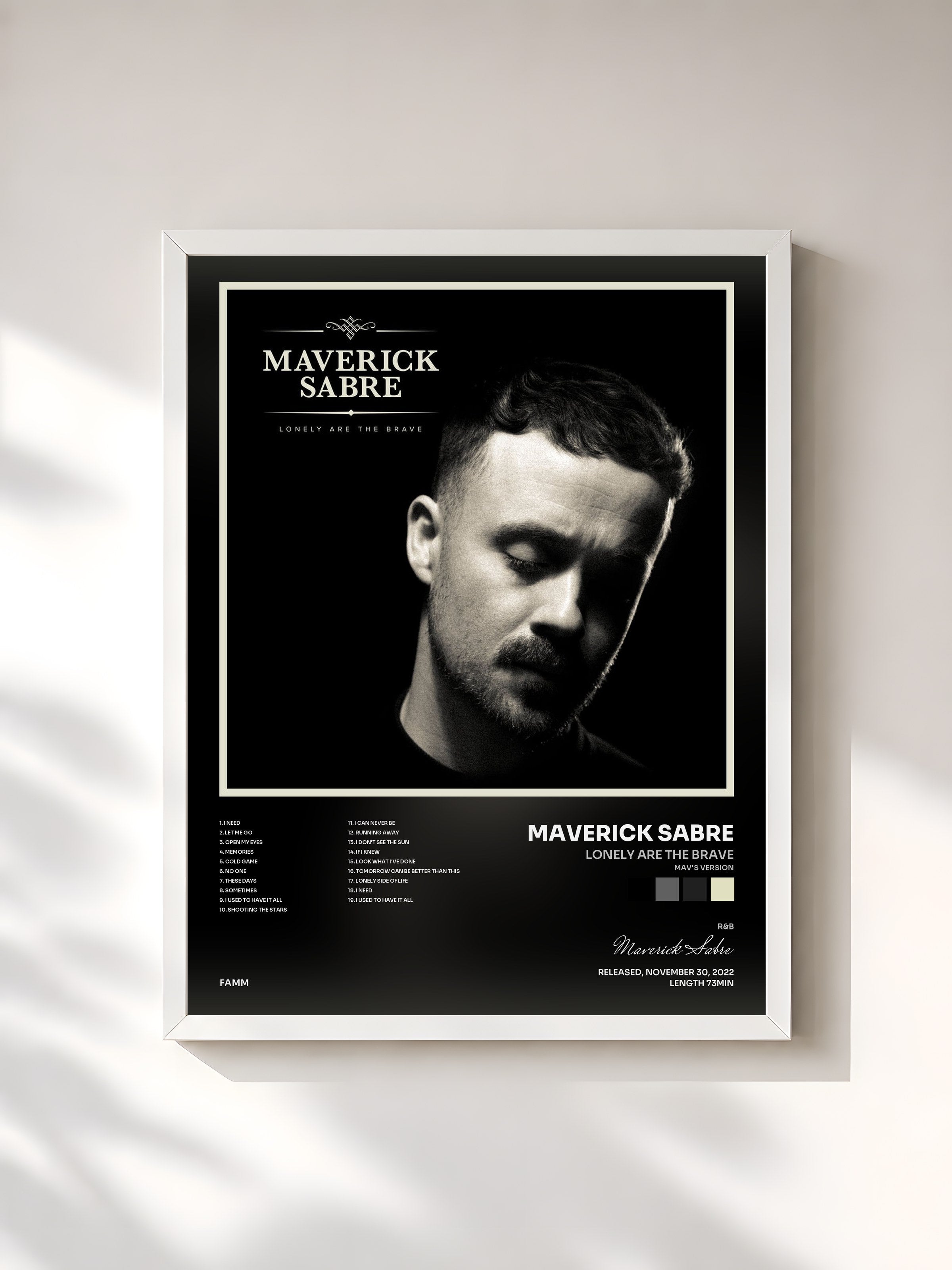 #blanc Tableau de l'album Lonely Are the Brave (Mav's Version) de Maverick Sabre, cadre blanc, imprimé et encadré en France