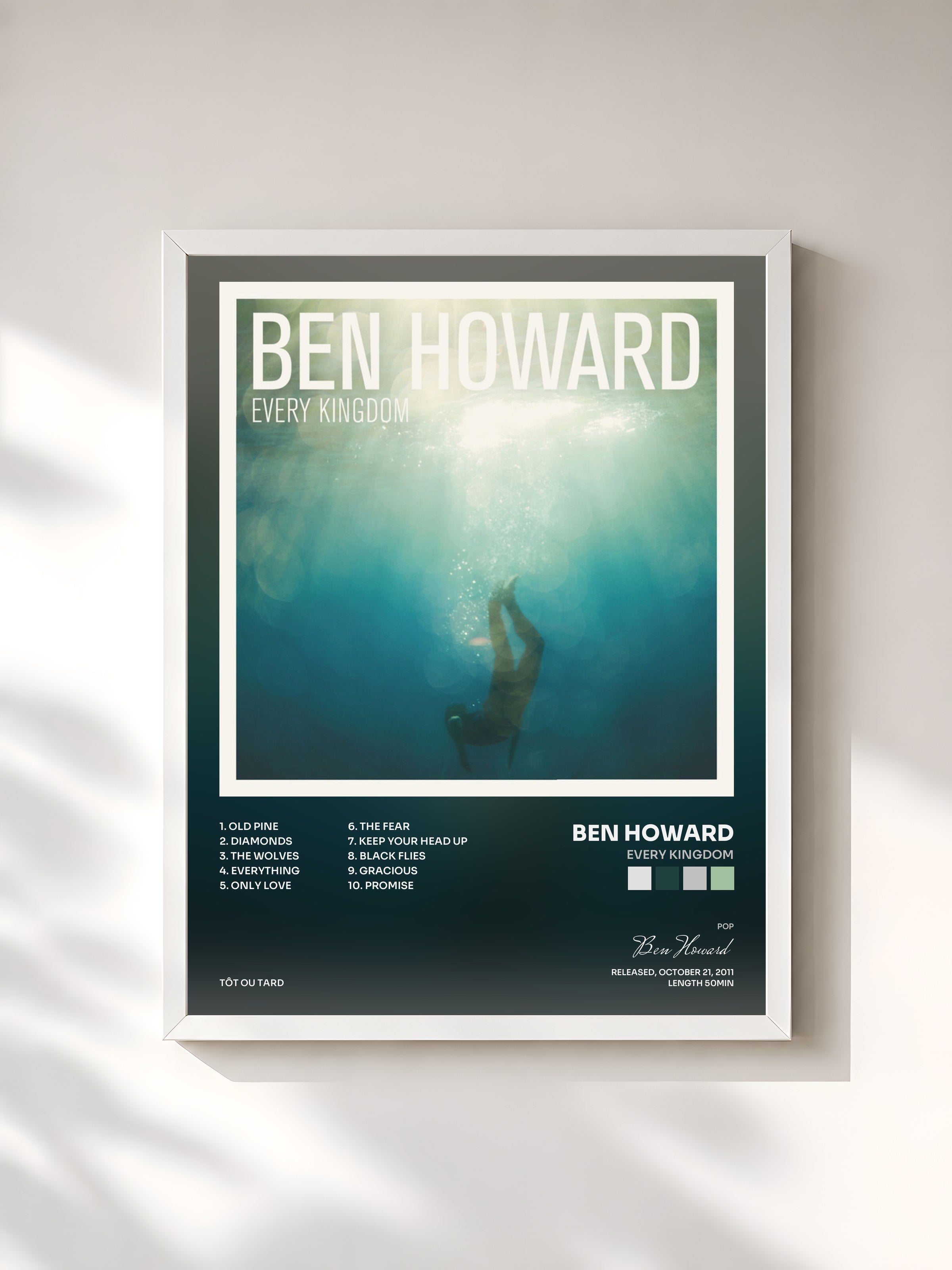 #blanc Tableau de l'album Every Kingdom de Ben Howard, cadre blanc, imprimé et encadré en France