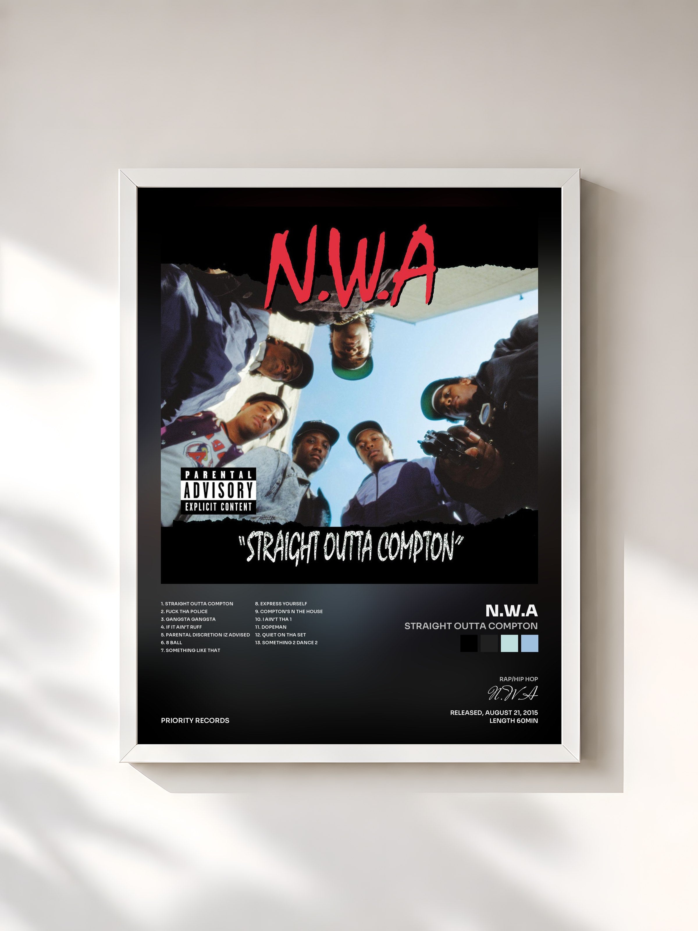 #blanc Tableau de l'album Straight Outta Compton de N.W.A, cadre blanc, imprimé et encadré en France