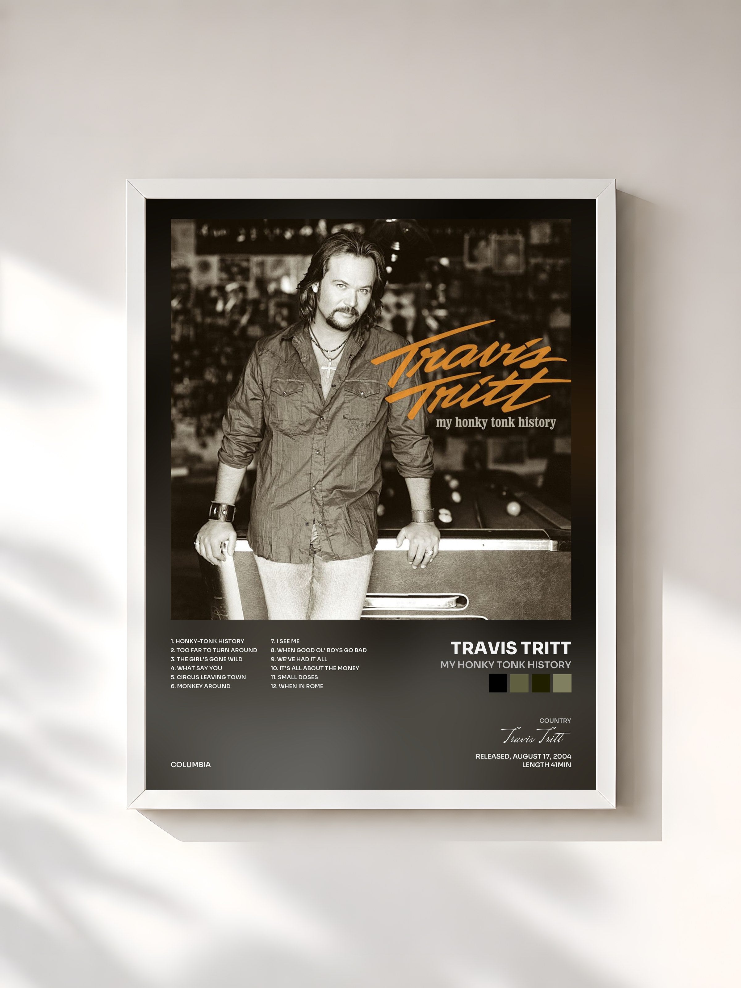 #blanc Tableau de l'album My Honky Tonk History de Travis Tritt, cadre blanc, imprimé et encadré en France