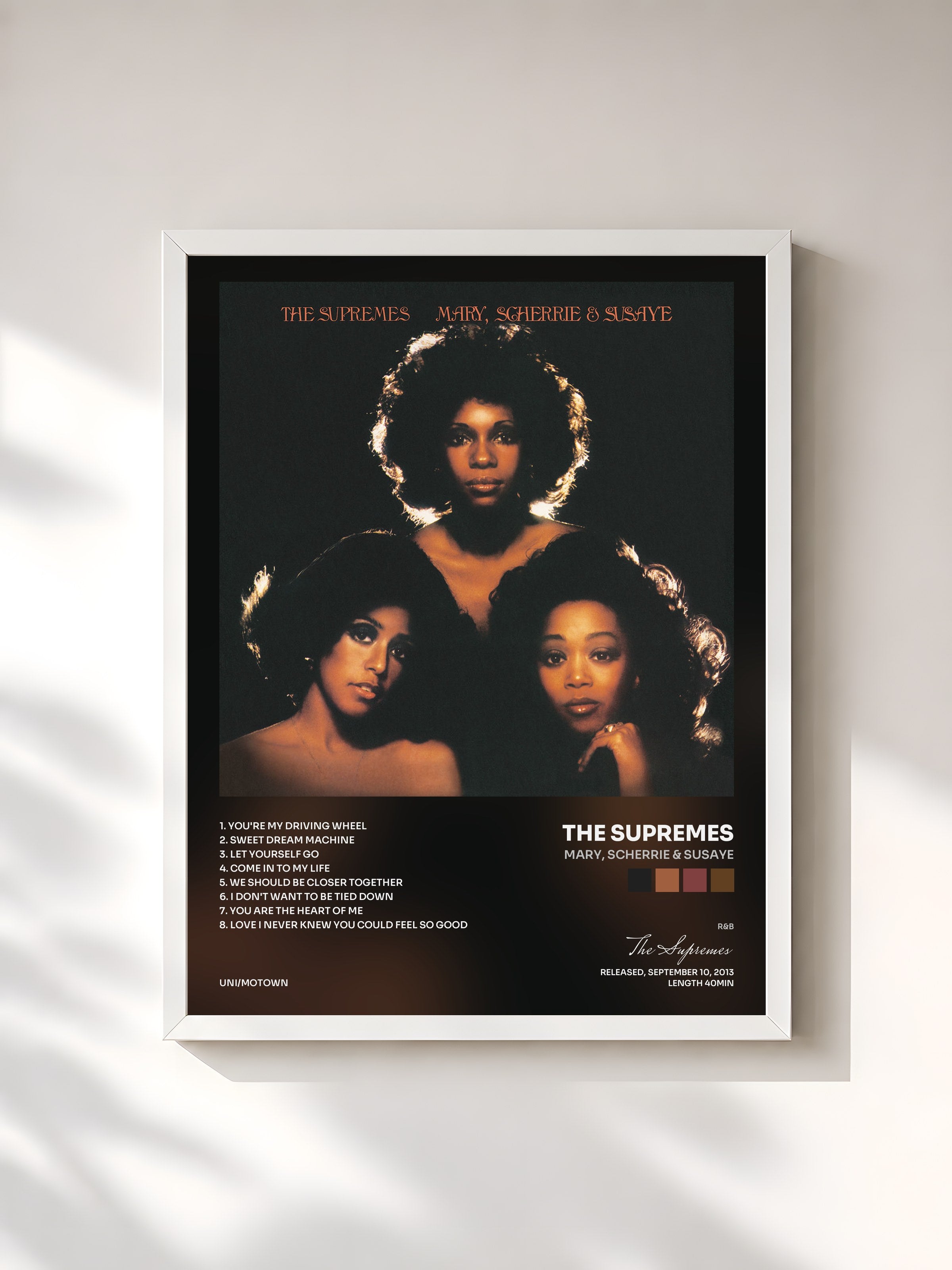 #blanc Tableau de l'album Mary, Scherrie & Susaye de The Supremes, cadre blanc, imprimé et encadré en France