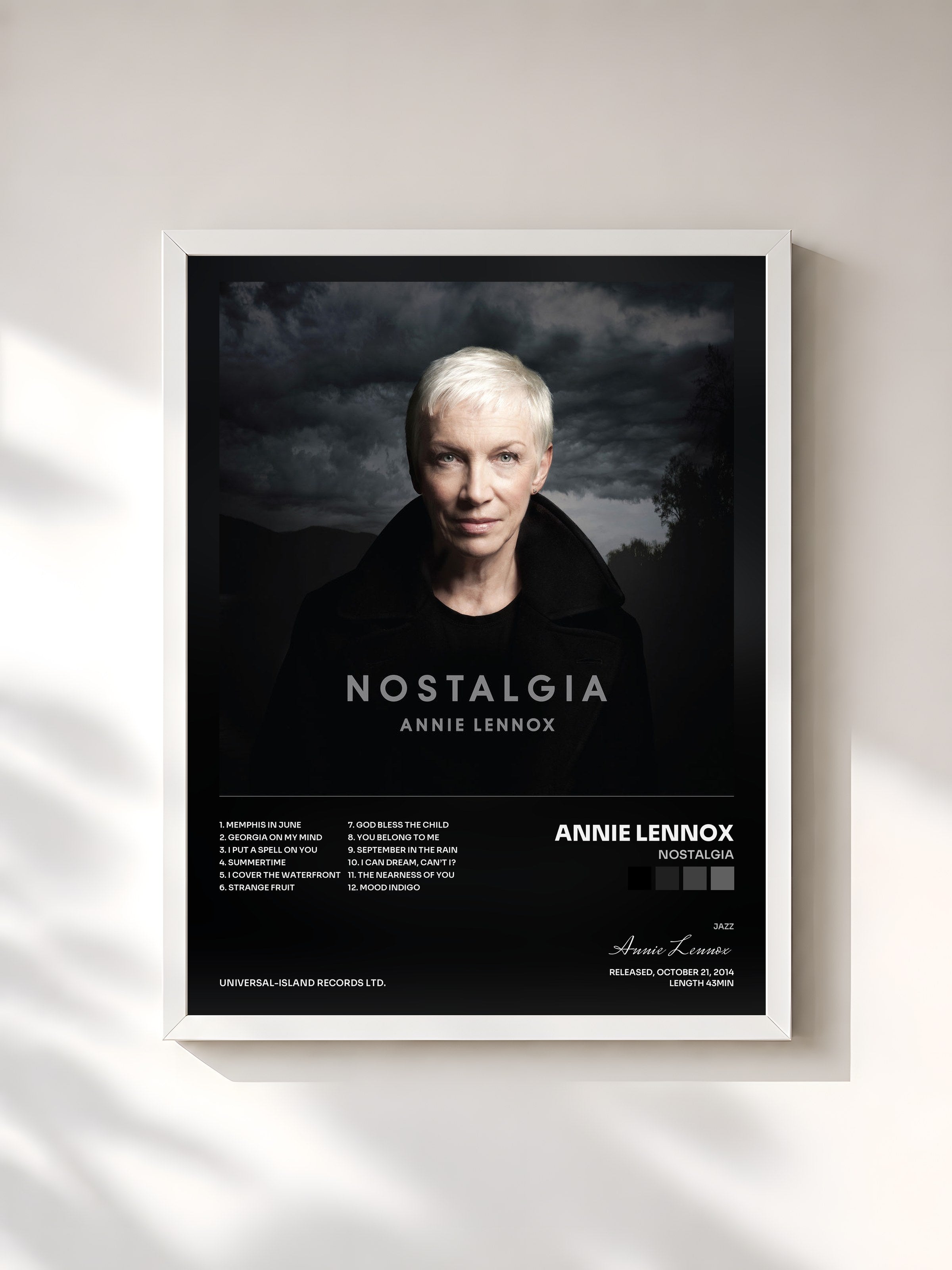#blanc Tableau de l'album Nostalgia de Annie Lennox, cadre blanc, imprimé et encadré en France