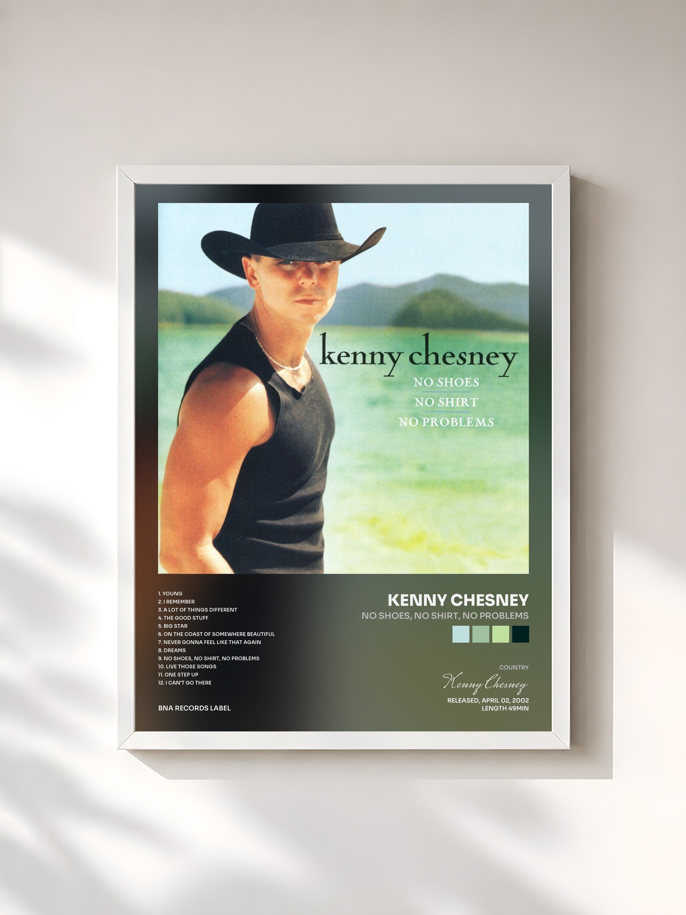 #blanc Tableau de l'album No Shoes, No Shirt, No Problems de Kenny Chesney, cadre blanc, imprimé et encadré en France