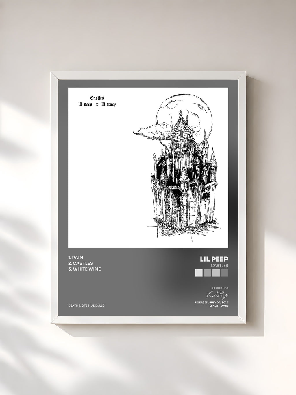 #blanc Tableau de l'album castles de Lil Peep, cadre blanc, imprimé et encadré en France