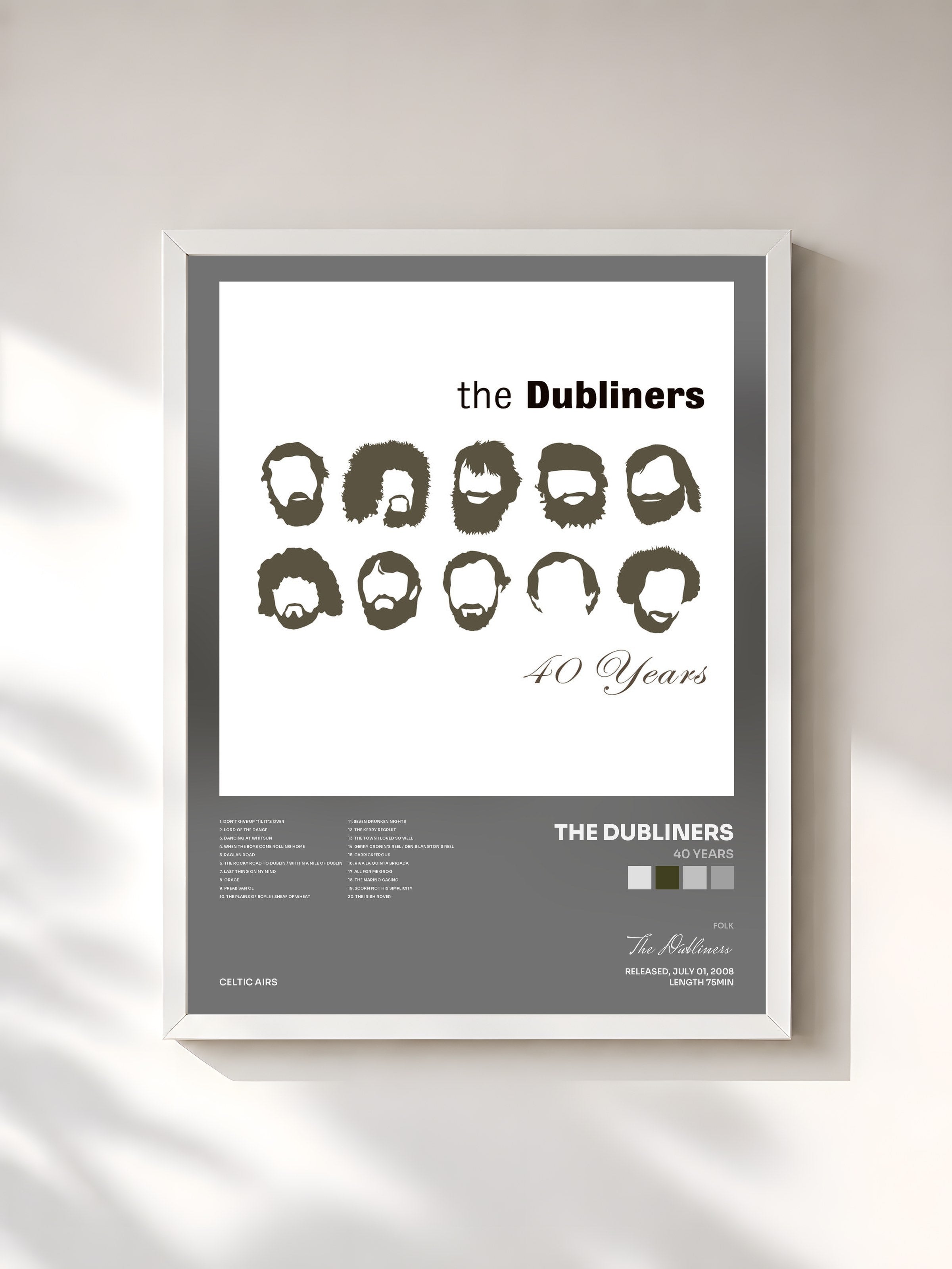#blanc Tableau de l'album 40 Years de The Dubliners, cadre blanc, imprimé et encadré en France
