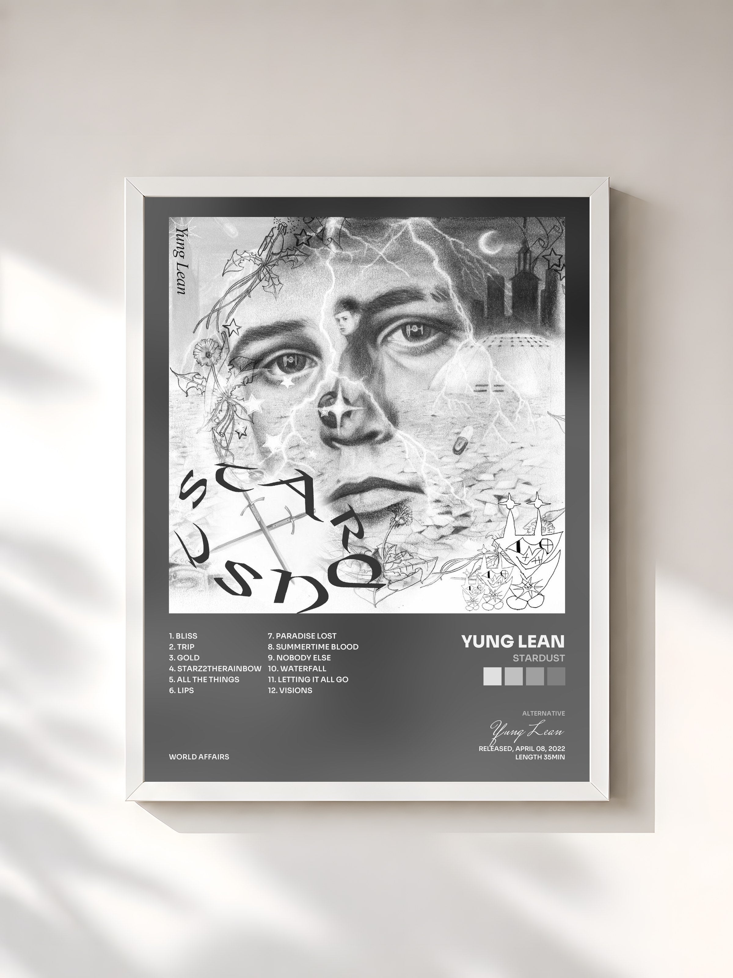 #blanc Tableau de l'album Stardust de Yung Lean, cadre blanc, imprimé et encadré en France