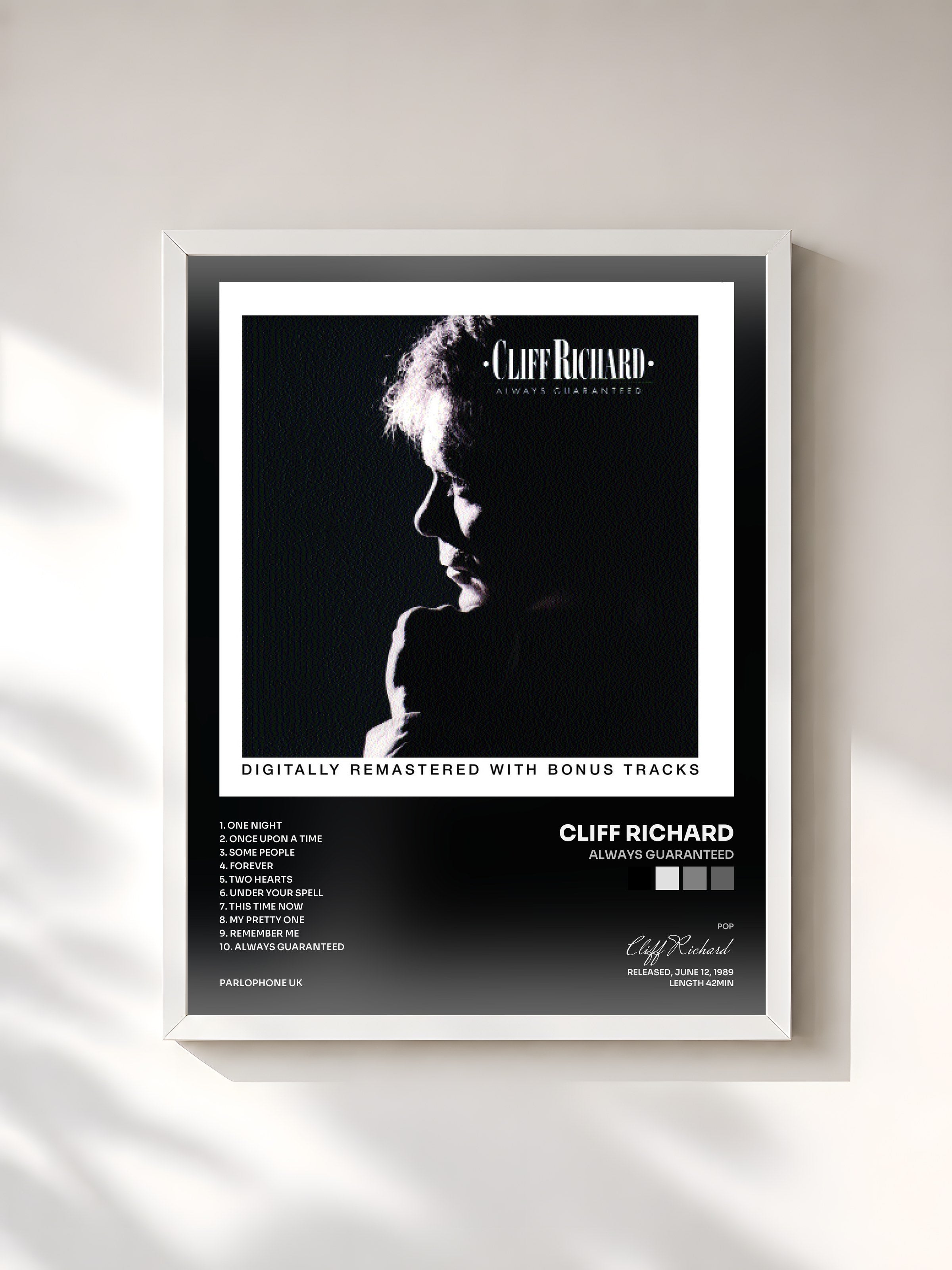 #blanc Tableau de l'album Always Guaranteed de Cliff Richard, cadre blanc, imprimé et encadré en France