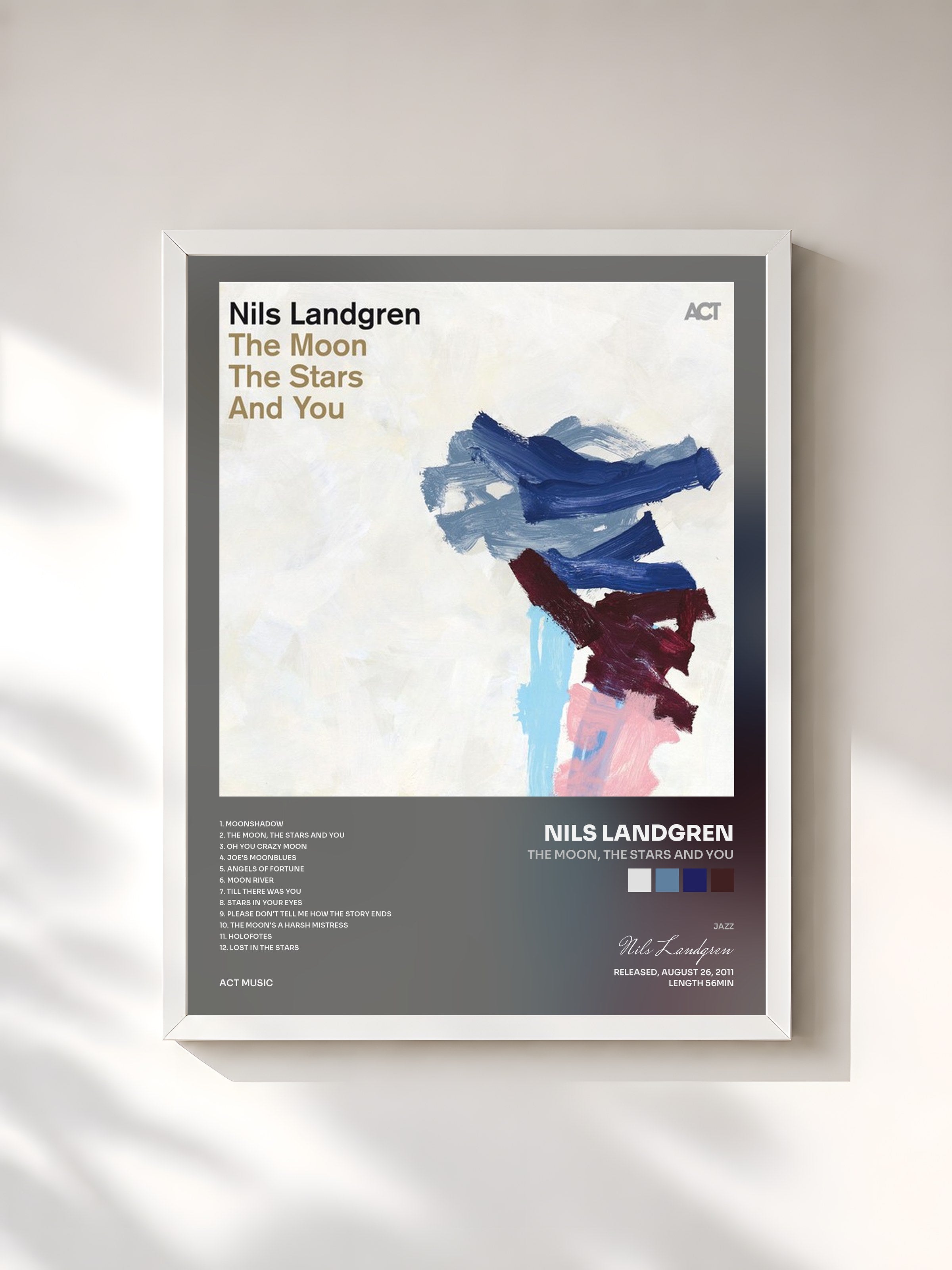 #blanc Tableau de l'album The Moon, the Stars and You de Nils Landgren, cadre blanc, imprimé et encadré en France