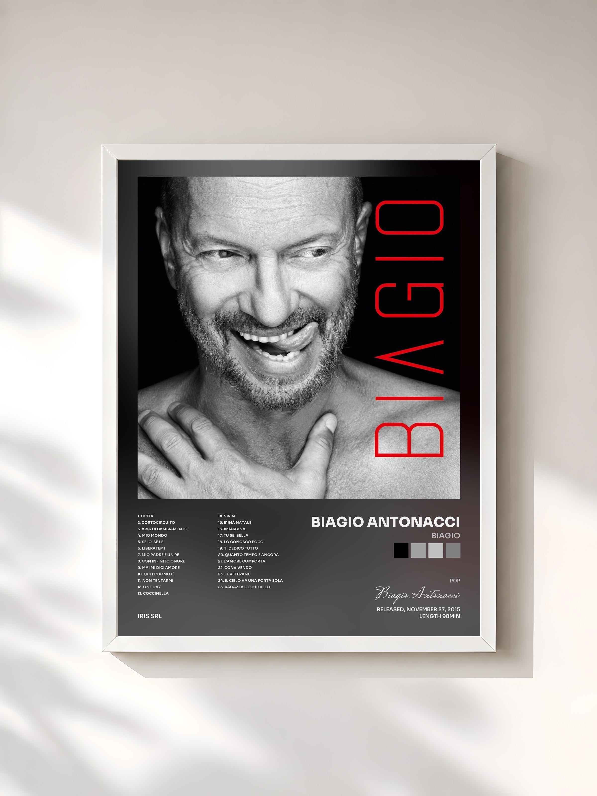 #blanc Tableau de l'album BIAGIO de Biagio Antonacci, cadre blanc, imprimé et encadré en France