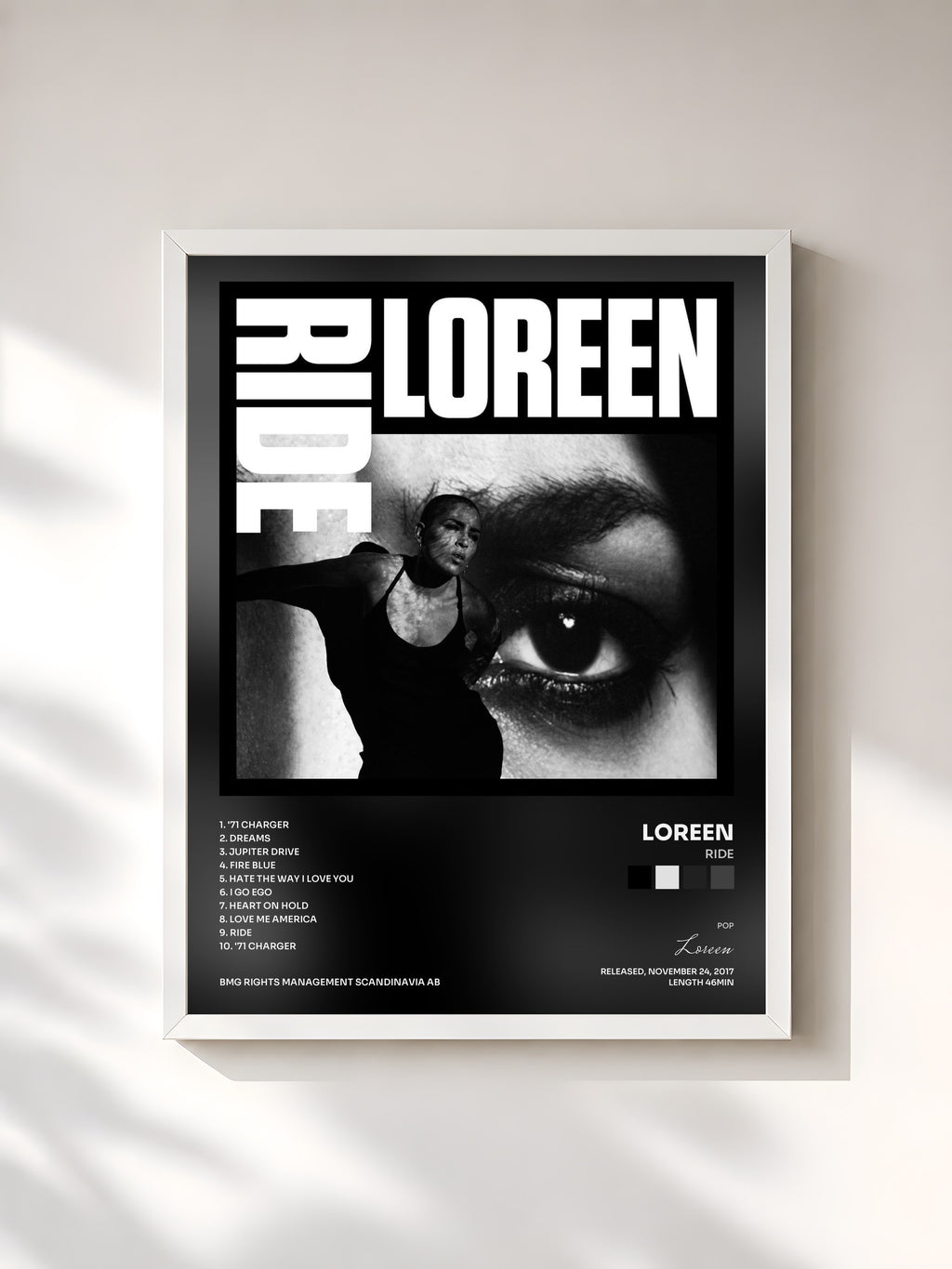 #blanc Ride by Loreen as a framed art print, white frame, printed and framed in France