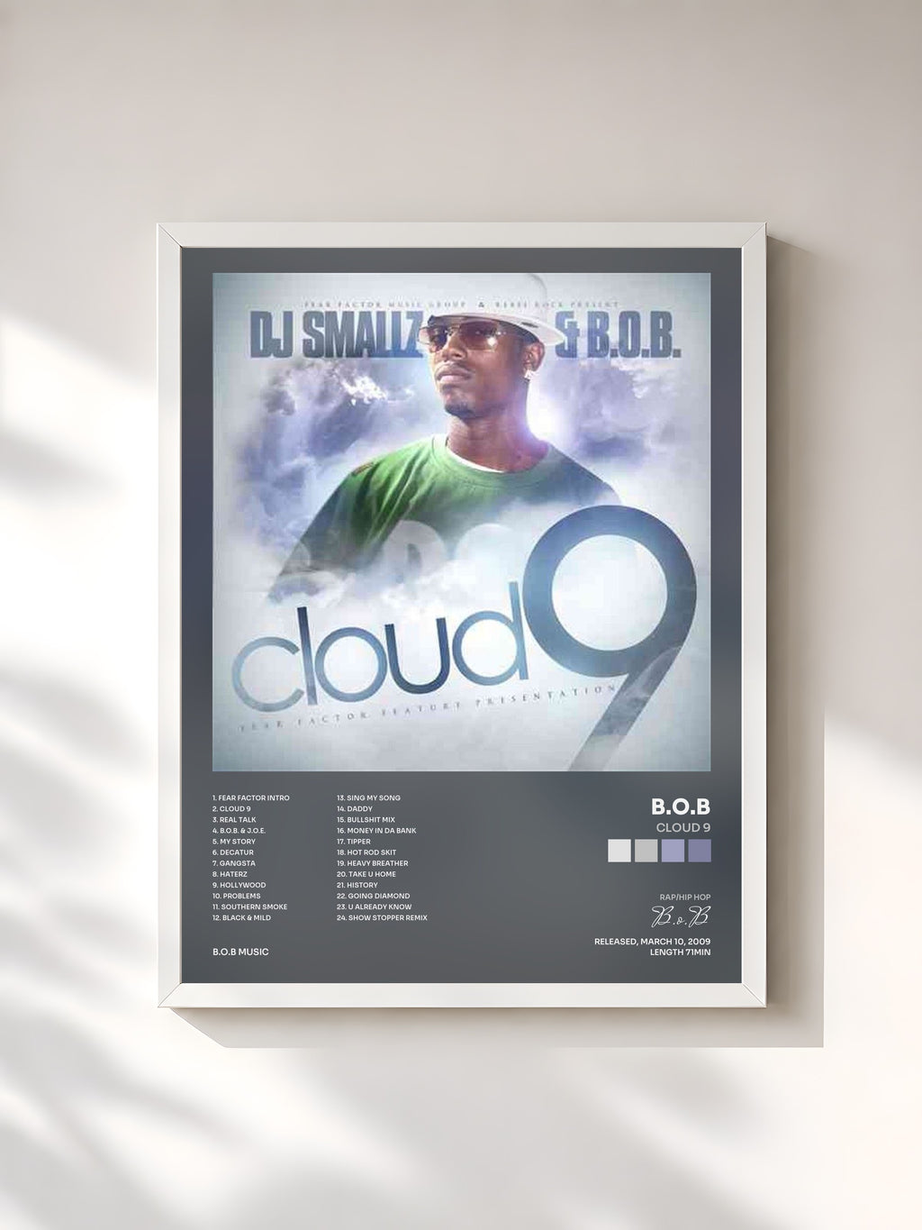 #blanc Tableau de l'album Cloud 9 de B.o.B, cadre blanc, imprimé et encadré en France