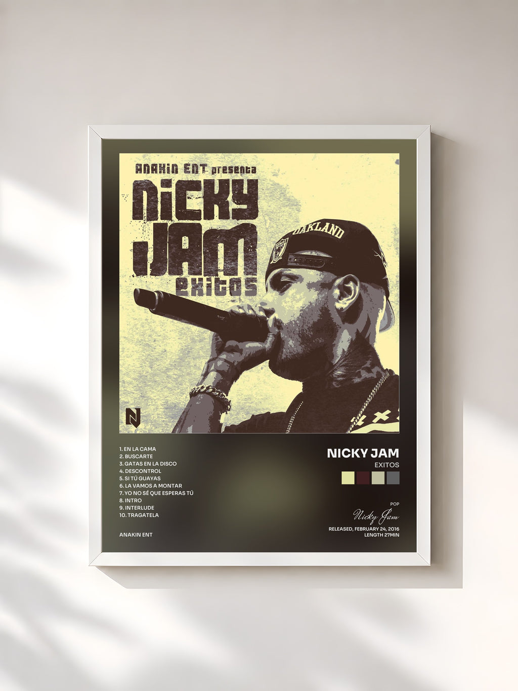 #blanc Tableau de l'album Exitos de Nicky Jam, cadre blanc, imprimé et encadré en France