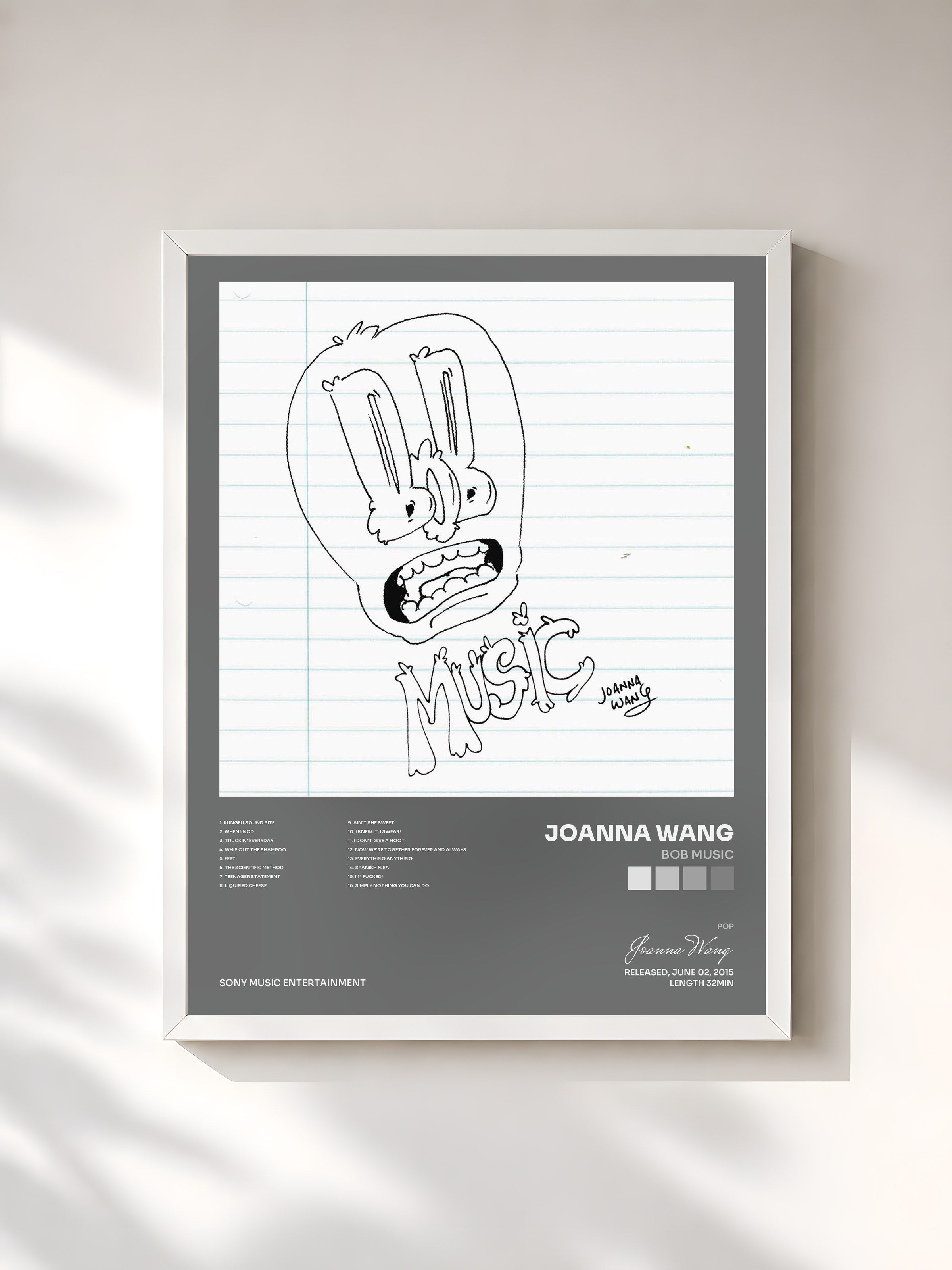 #blanc Tableau de l'album Bob Music de Joanna Wang, cadre blanc, imprimé et encadré en France