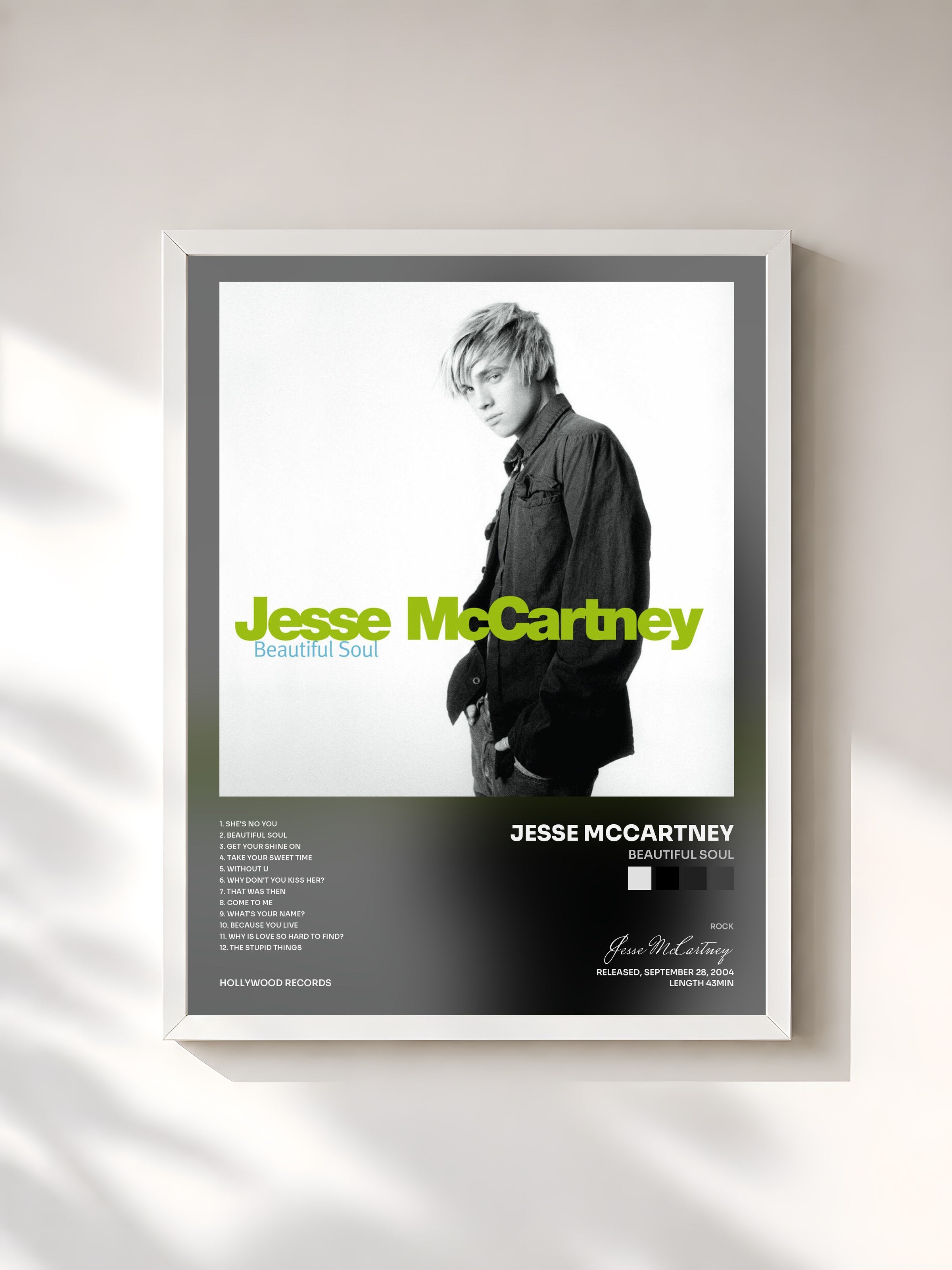 #blanc Tableau de l'album Beautiful Soul de Jesse McCartney, cadre blanc, imprimé et encadré en France